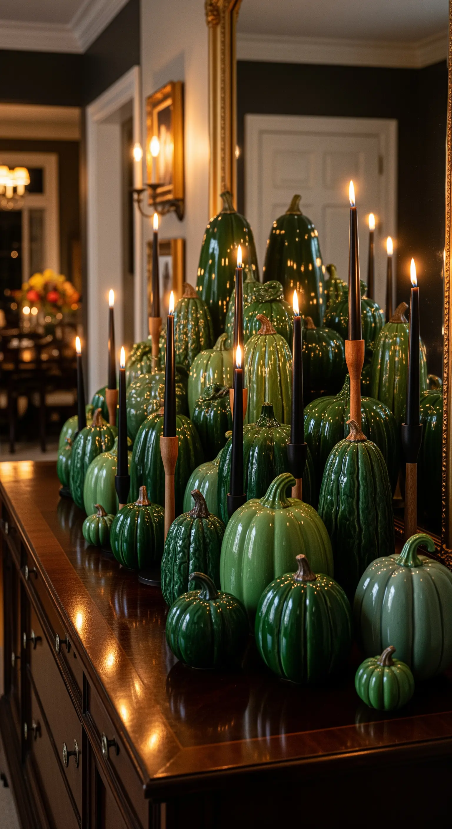 Dunkles Sideboard mit vielen dunkelgrünen Keramikkürbissen und schwarzen Stabkerzen.