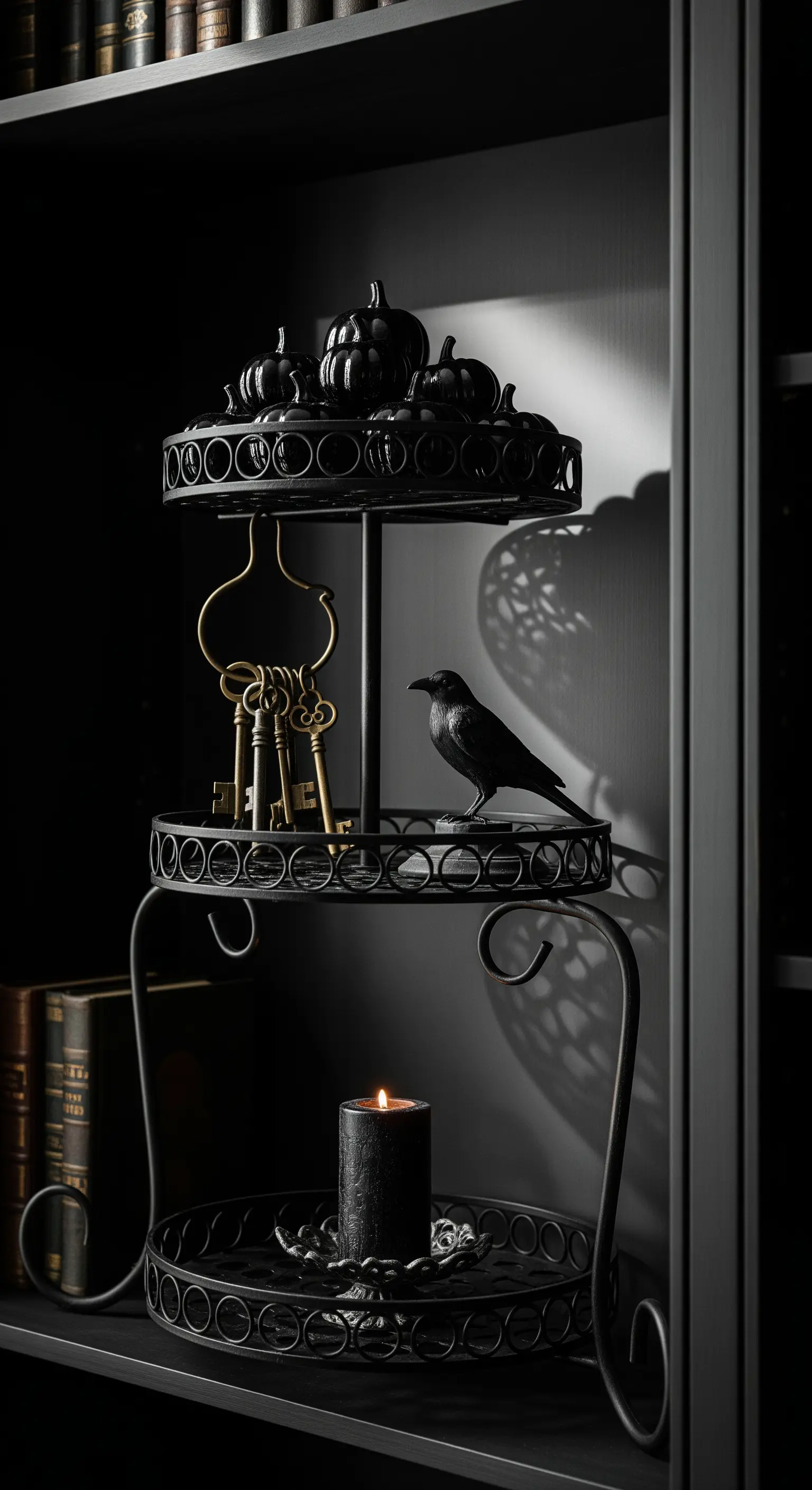 Schwarze Metall-Etagere mit eleganter Halloween-Deko wie Raben und Kürbissen.