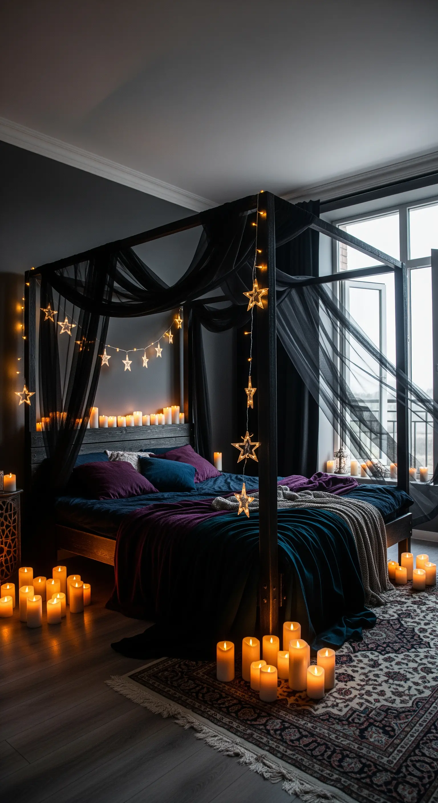 Dunkles, romantisches Schlafzimmer mit schwarzem Himmelbett, vielen Kerzen und Sternenlichtern.