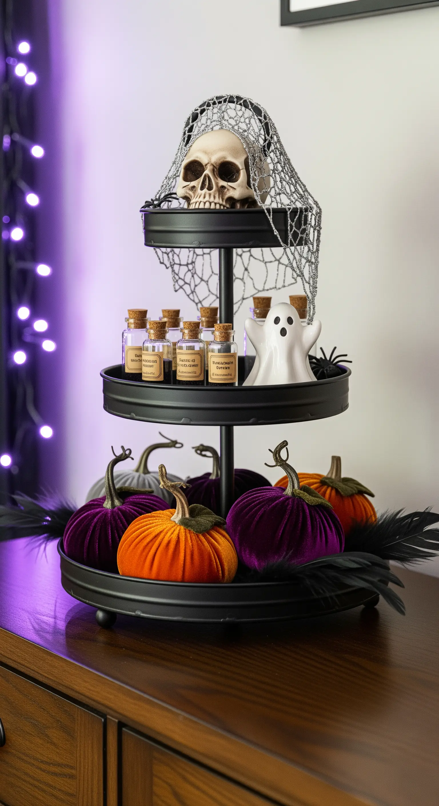 Schwarze Halloween-Etagere mit Samtkürbissen, Totenkopf und lila Licht.