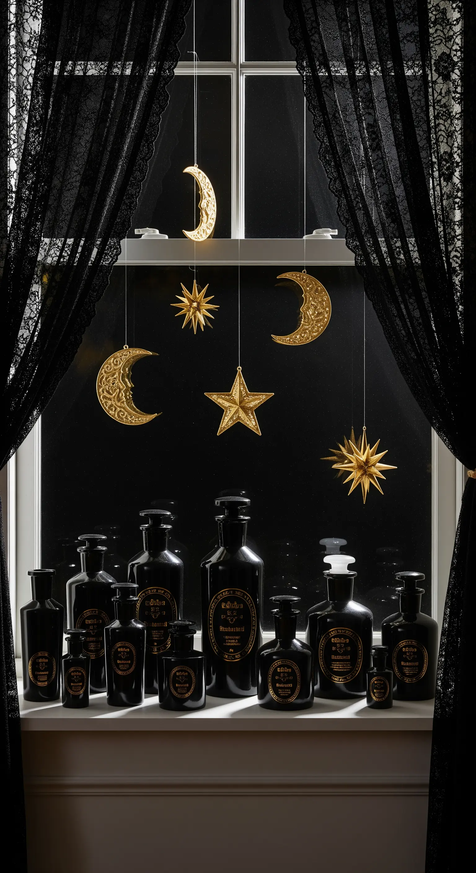Fensterbank mit schwarzen Flaschen, goldenen Monden und Sternen