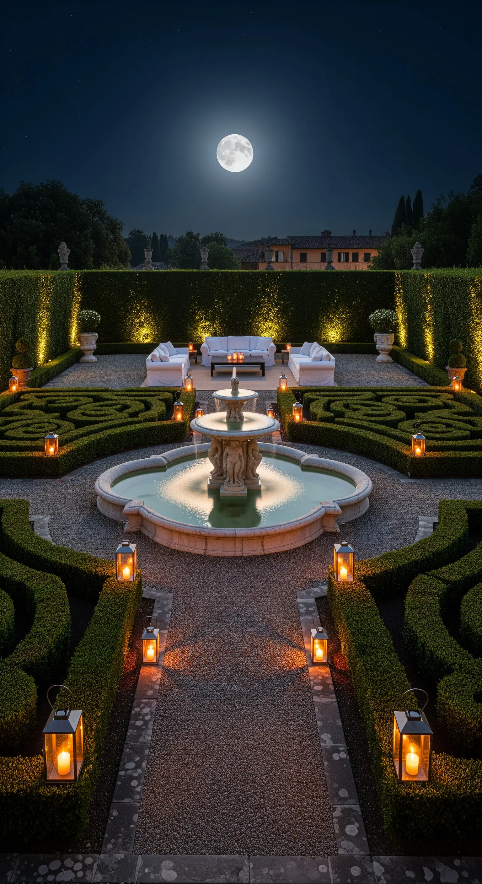 Formaler Garten bei Nacht, Brunnen, Laternen, Hecken und Mondschein