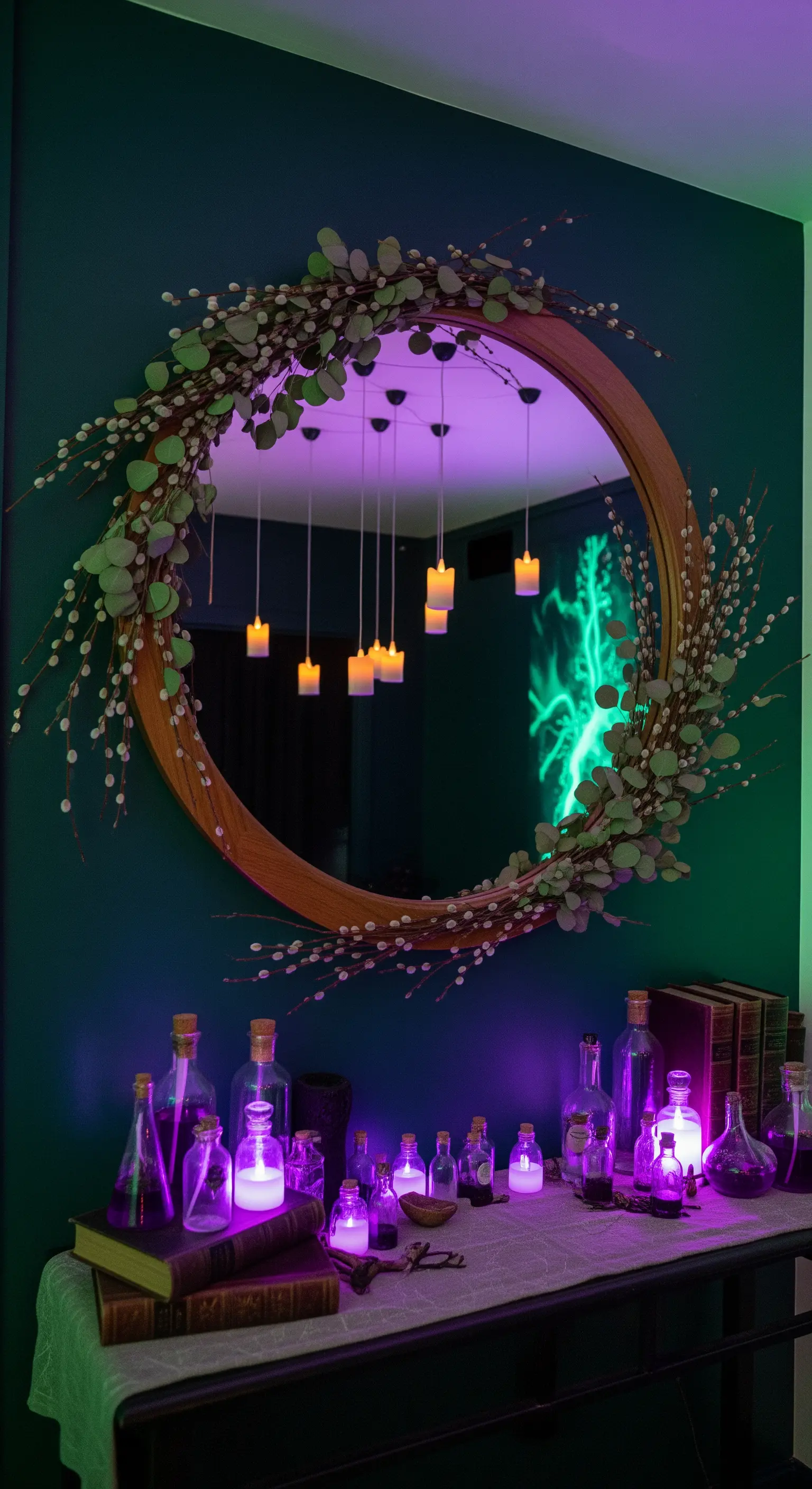 Runder Spiegel mit Eukalyptuskranz, schwebenden Kerzen und farbiger LED-Beleuchtung