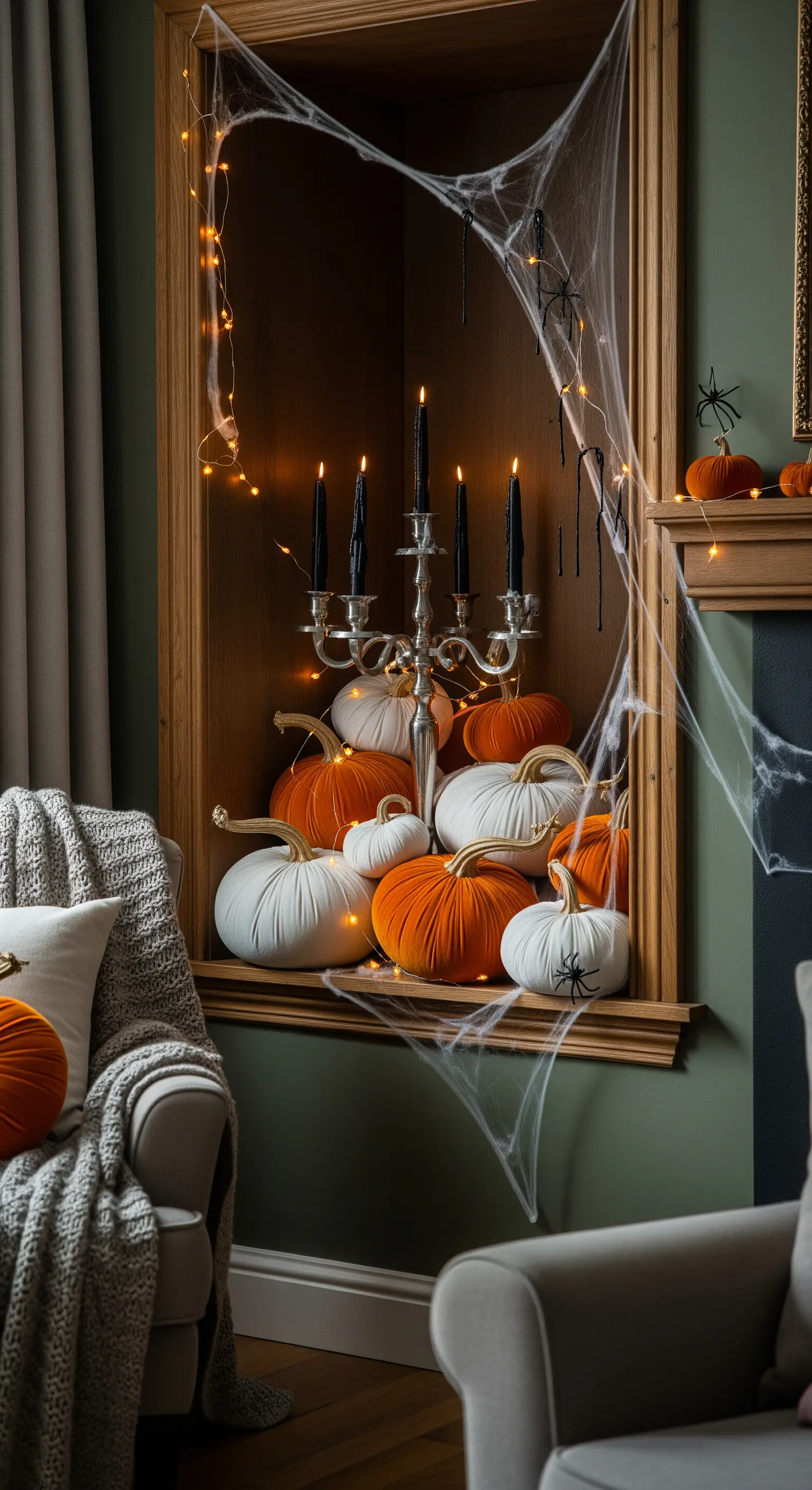 Eleganter Halloween-Nischendekor mit Samtkürbissen, Kerzen und Spinnennetz.