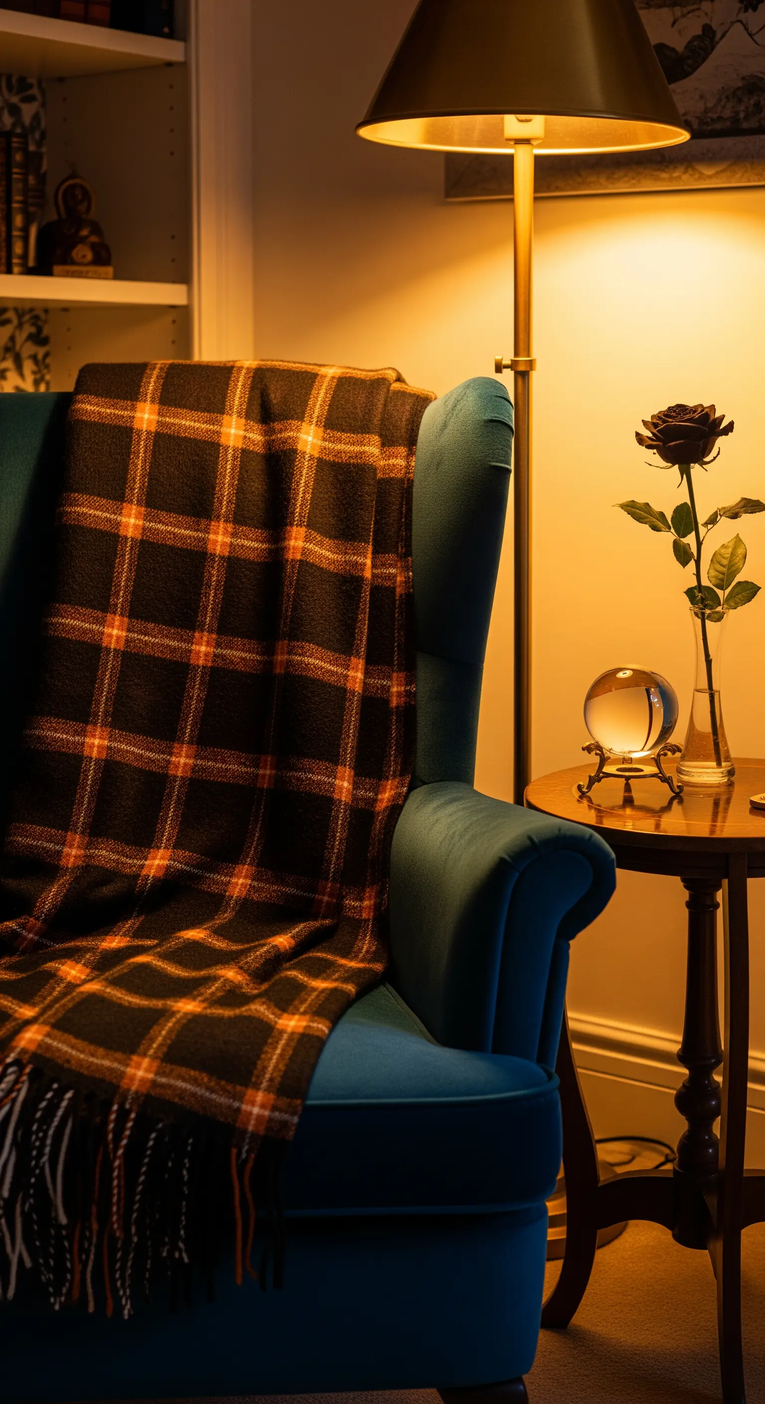 Gemütliche Leseecke für Halloween mit Decke, schwarzer Rose und Kristallkugel.