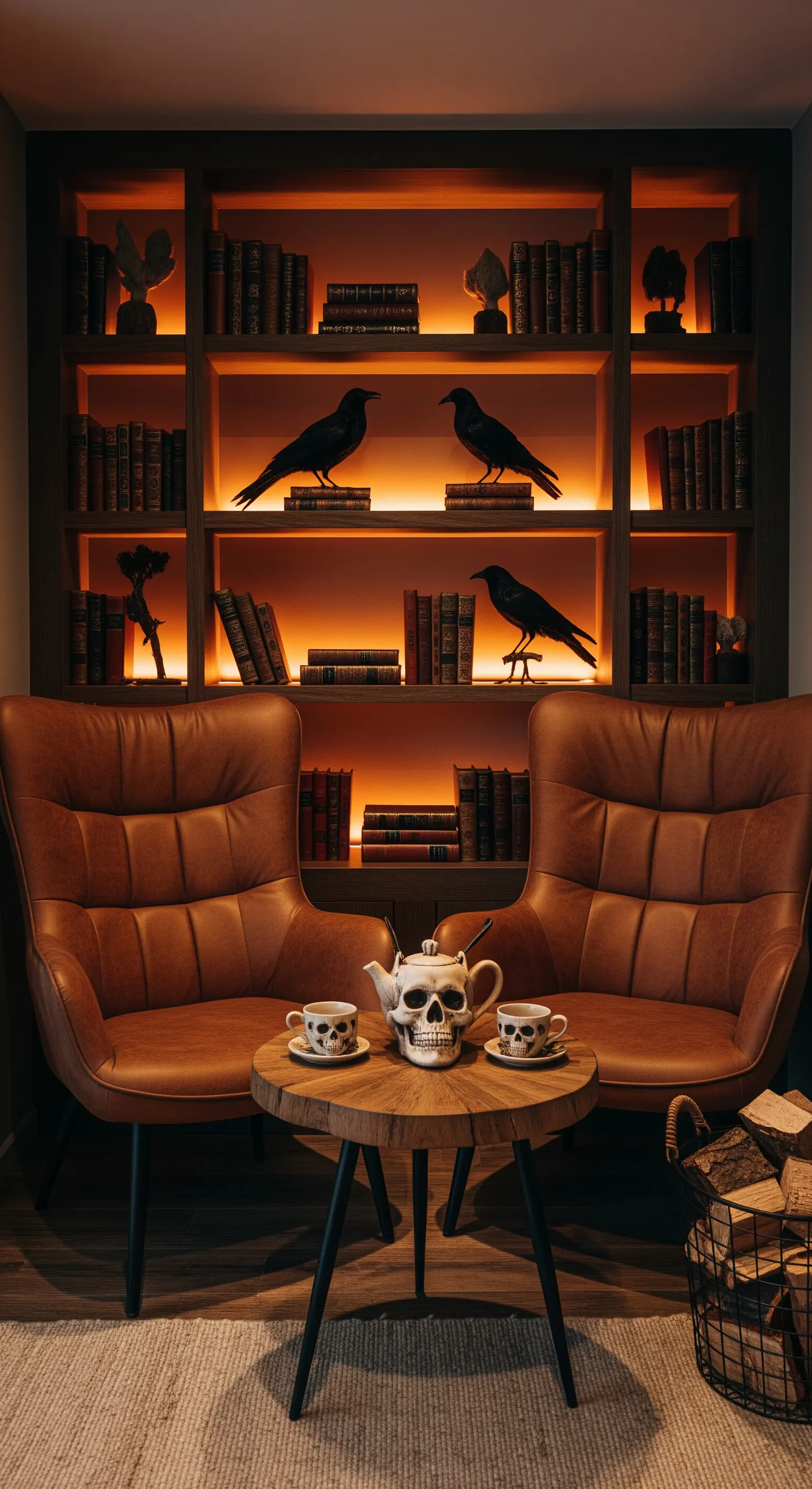 Leseecke mit braunen Ledersesseln, beleuchteten Bücherregalen, Raben und einem Schädel-Teekannen-Set.