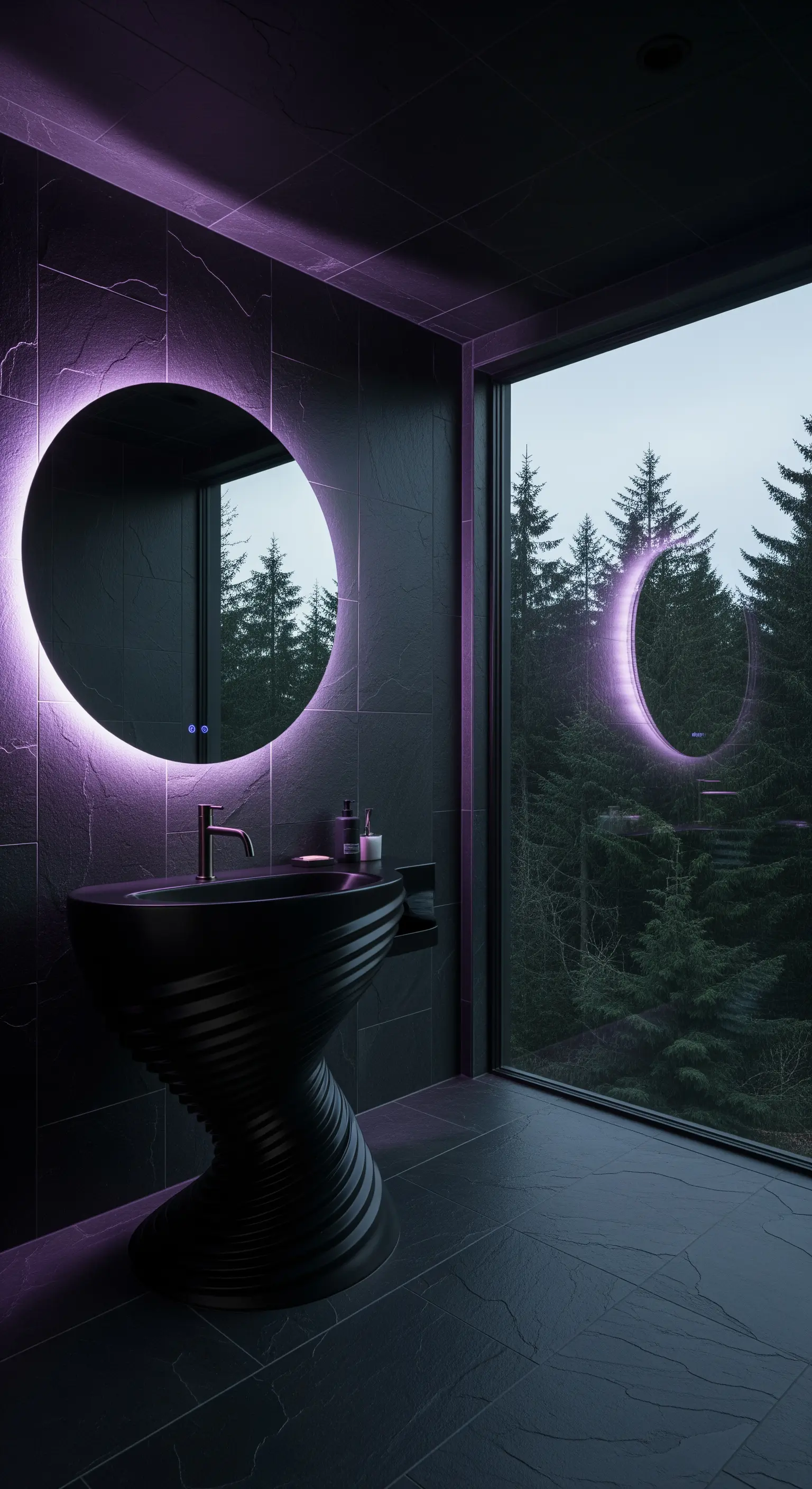 Badezimmer mit lila leuchtendem Spiegel, skulpturalem schwarzem Waschbecken und Waldblick