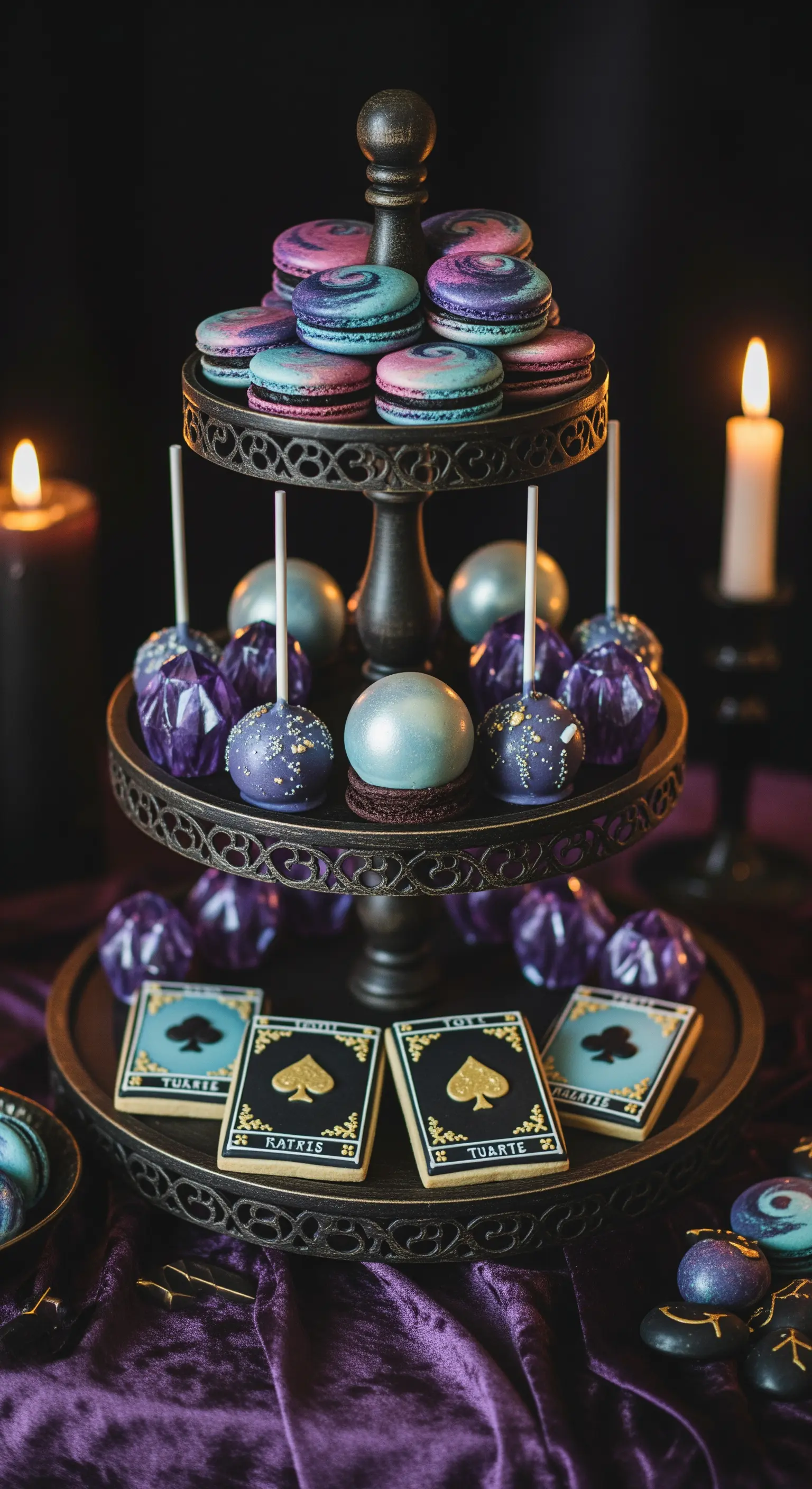 Dunkle, ornamentale Etagere mit galaktischen Macarons und Kristallkugel-Cake-Pops.