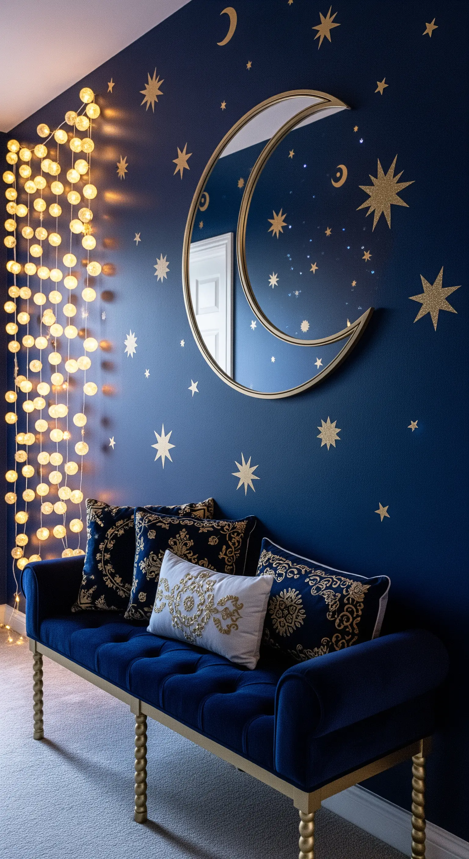 Marineblauer Flur mit goldenen Sternen, Mondspiegel, Samtsofa und Lichterkette