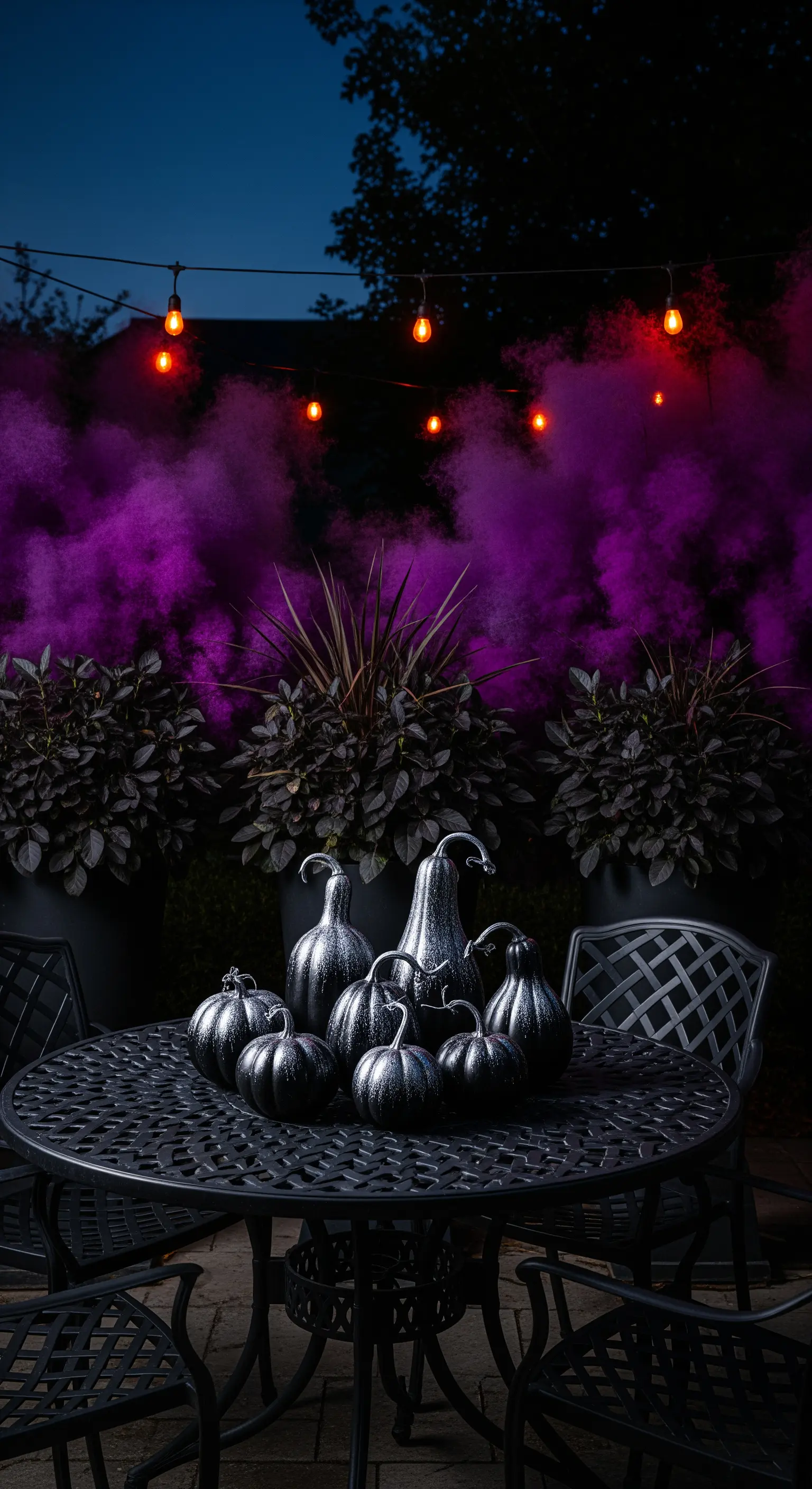 Mystische Outdoor-Tafel mit Metallic-Kürbissen, dunklen Pflanzen und Purpur-Nebel
