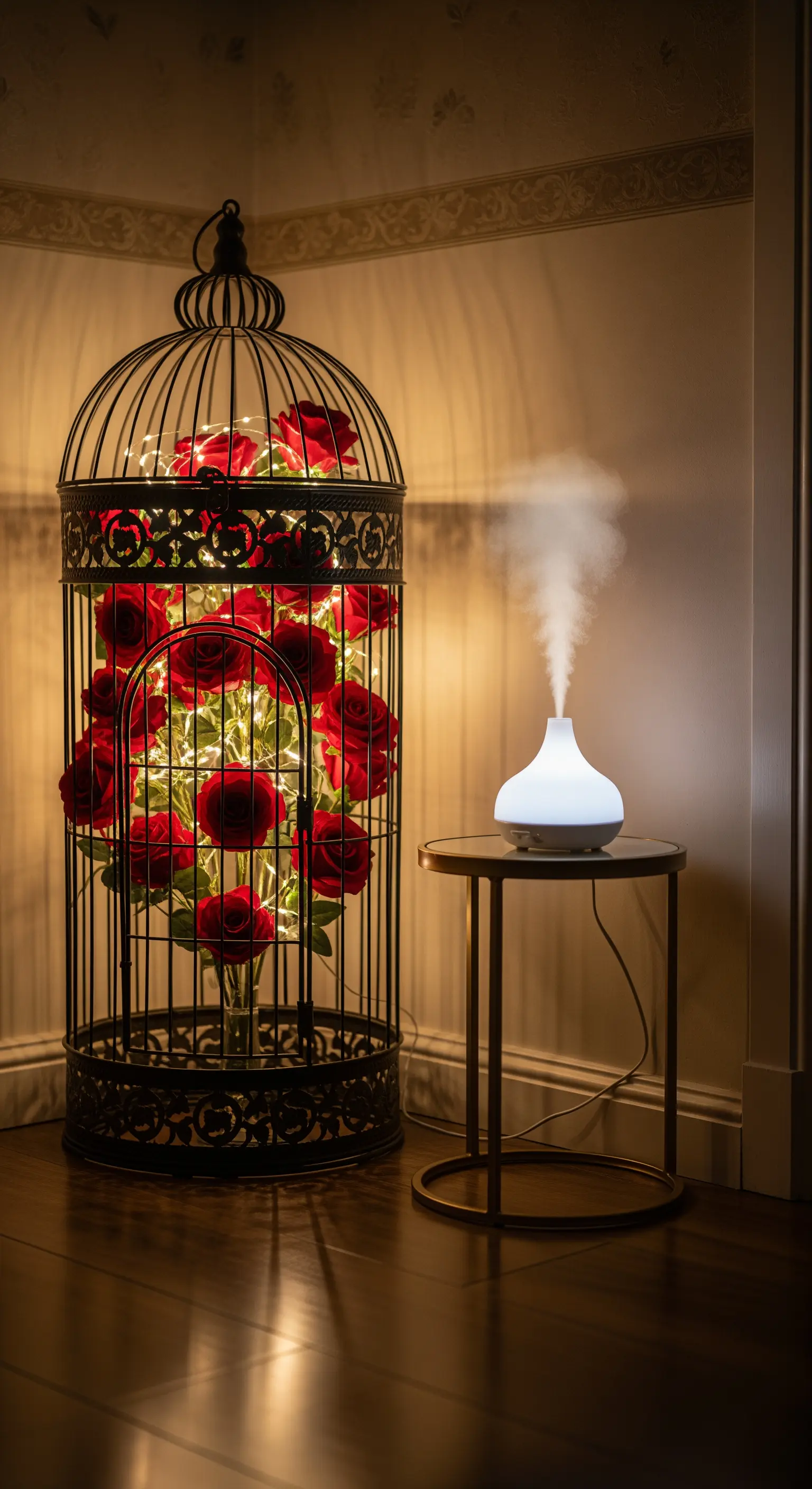 Dekorative Ecke mit beleuchtetem Vogelkäfig voller Rosen und Diffusor.