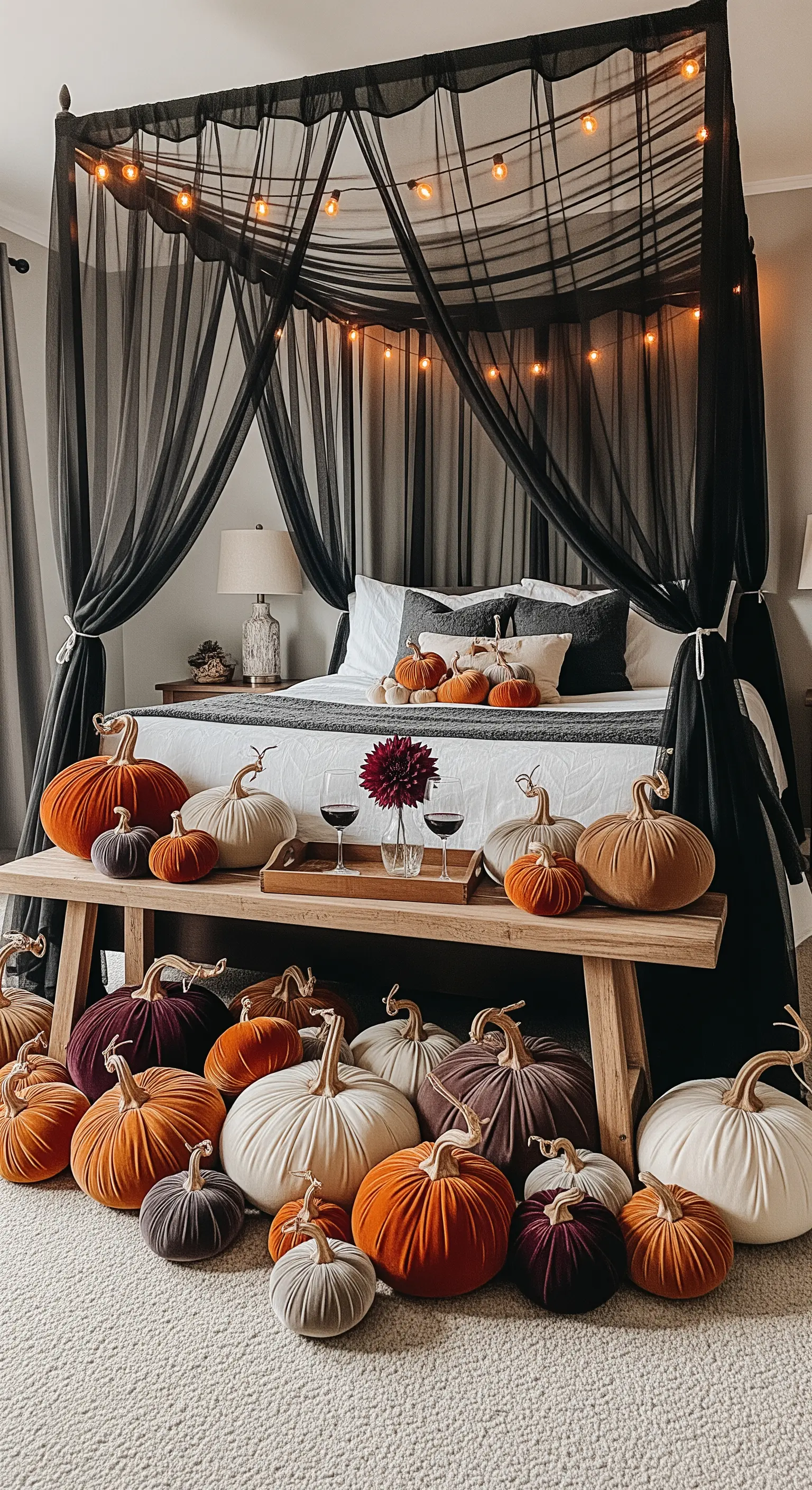 Himmelbett mit dunklem Stoff und Lichterketten, umgeben von Samtkürbissen in Herbstfarben.