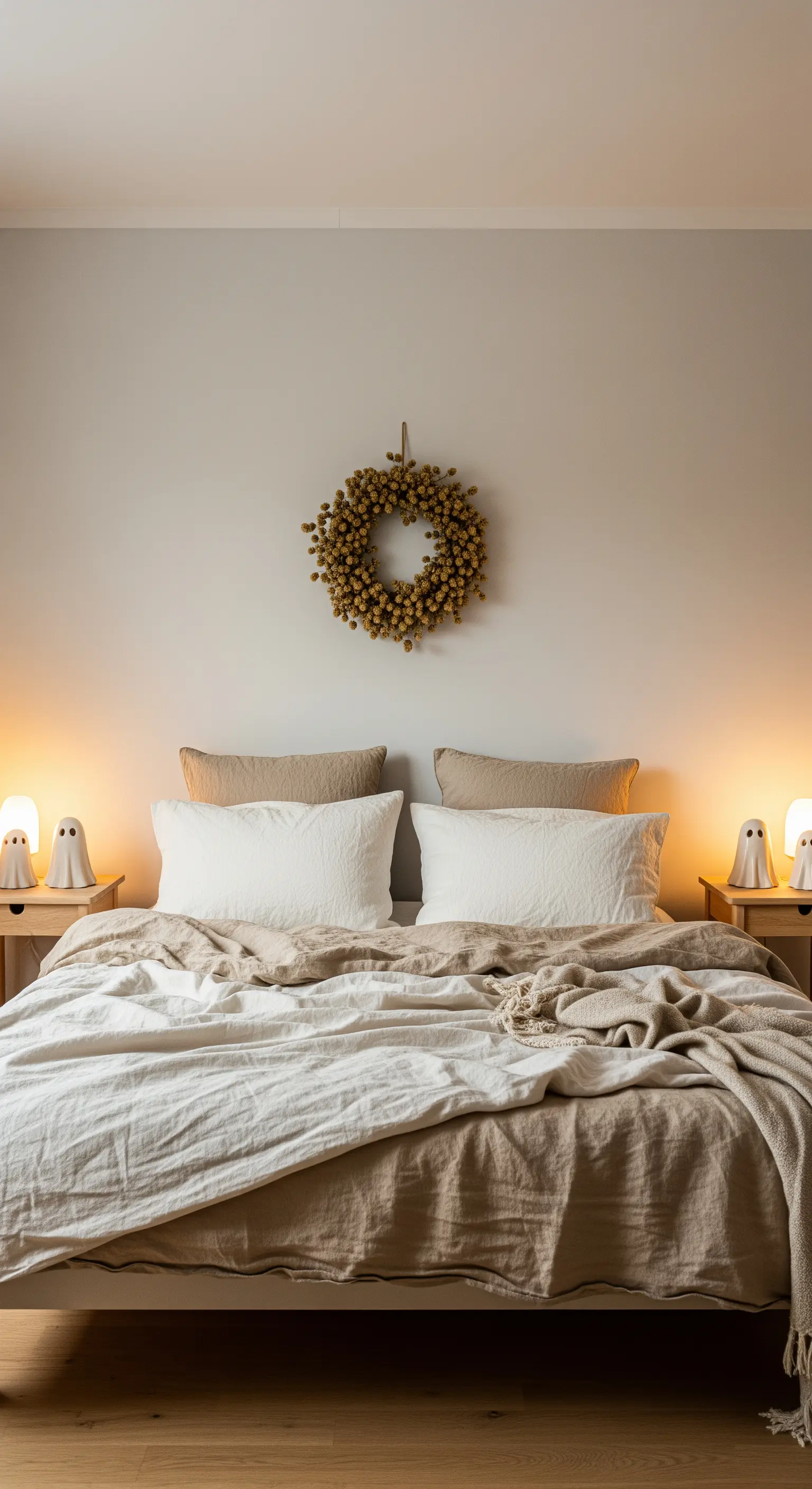 Schlafzimmer mit neutraler Bettwäsche, Geisterlampen und Naturkranz über dem Bett.