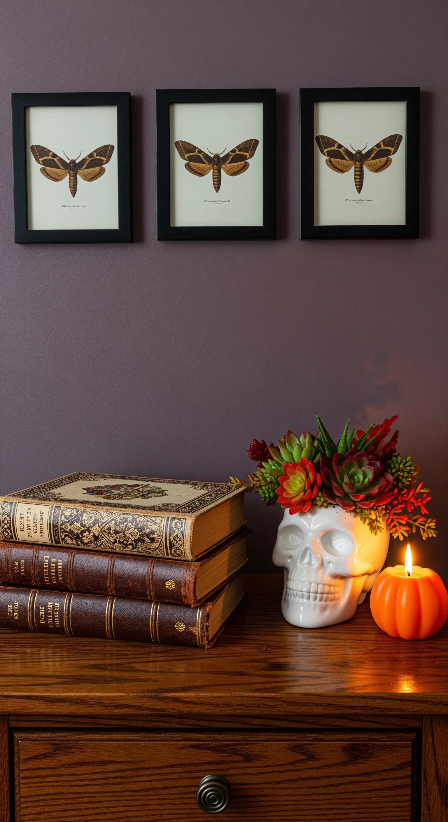 Gerahmte Mottenbilder über einer Kommode mit Büchern, Schädel-Pflanzgefäß und Kürbiskerze