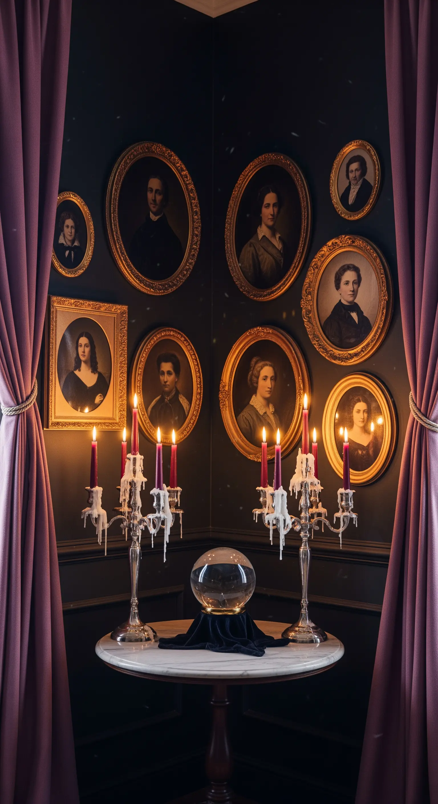 Mystische Séance-Ecke mit Vintage-Porträts, Kristallkugel und tropfenden Kerzen