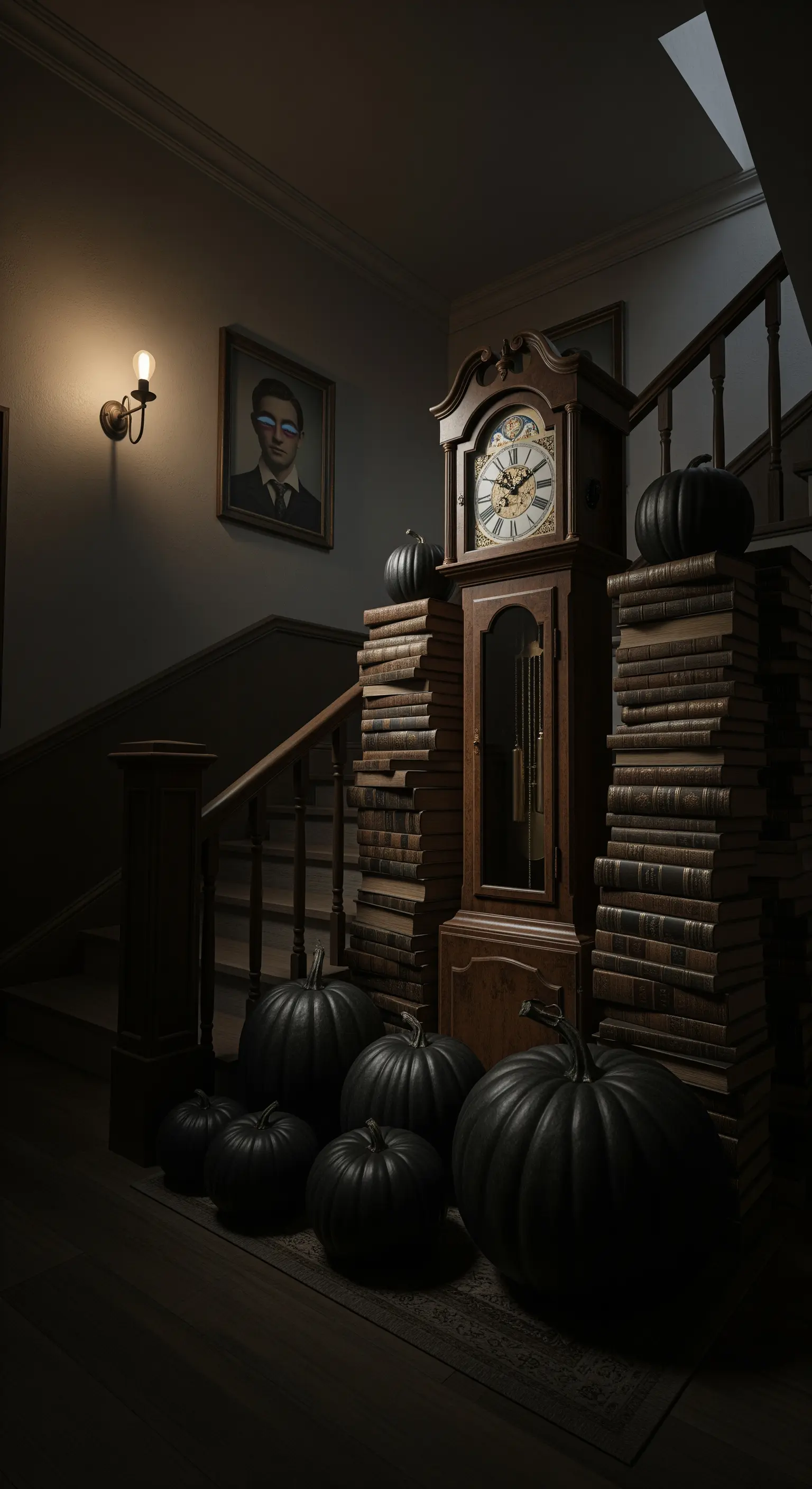 Standuhr, schwarze Kürbisse, Bücherstapel, dunkler Flur, Halloween.