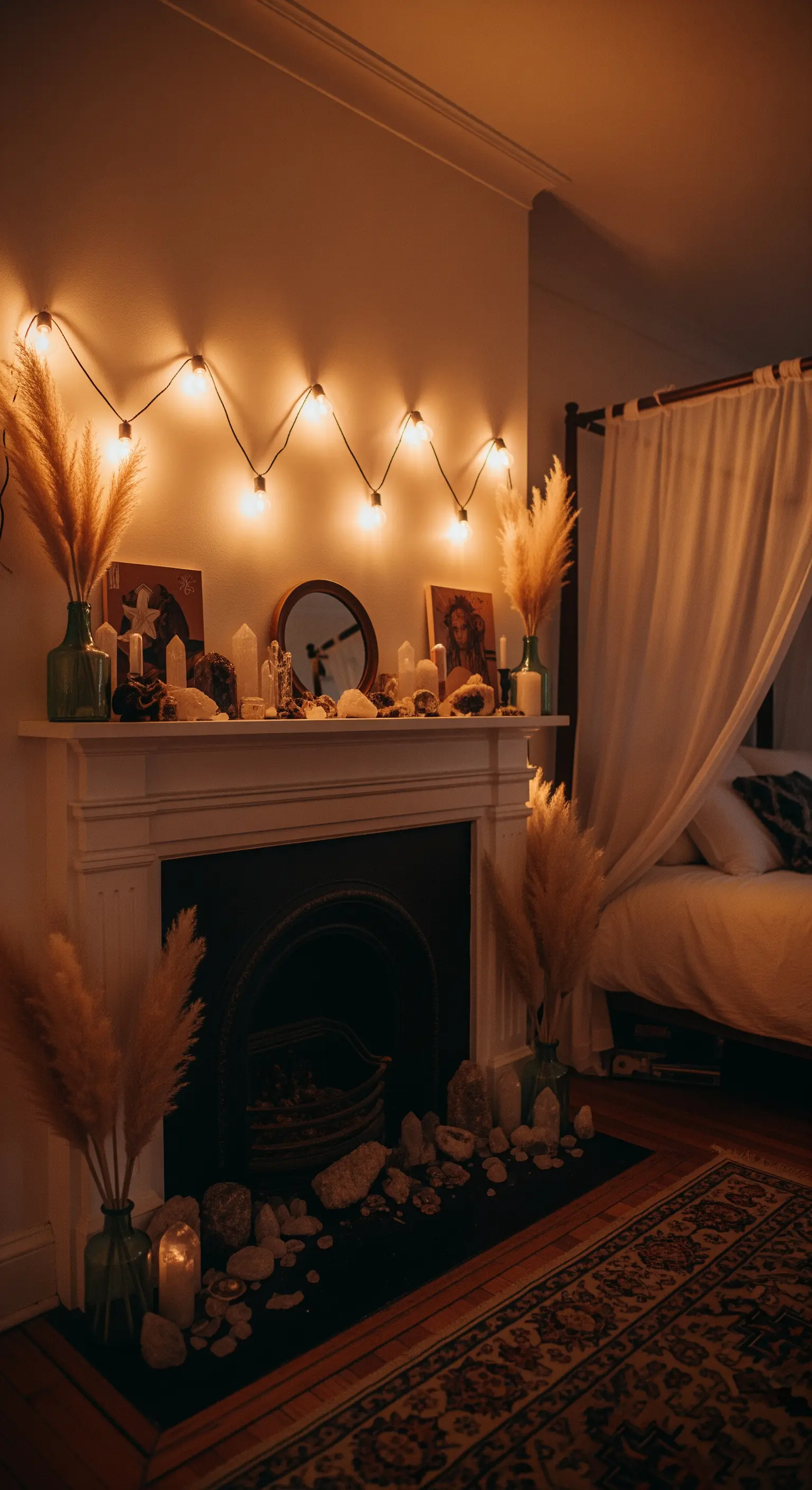 Schlafzimmer-Kamin mit Kristallen, Spiegel und Lichterkette