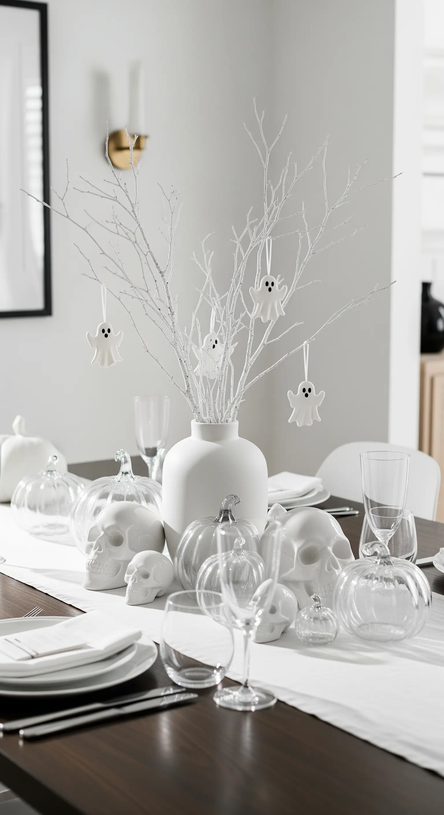 Esstisch mit weißen Kürbissen, Totenköpfen und Geist-Ornamenten auf weißen Zweigen