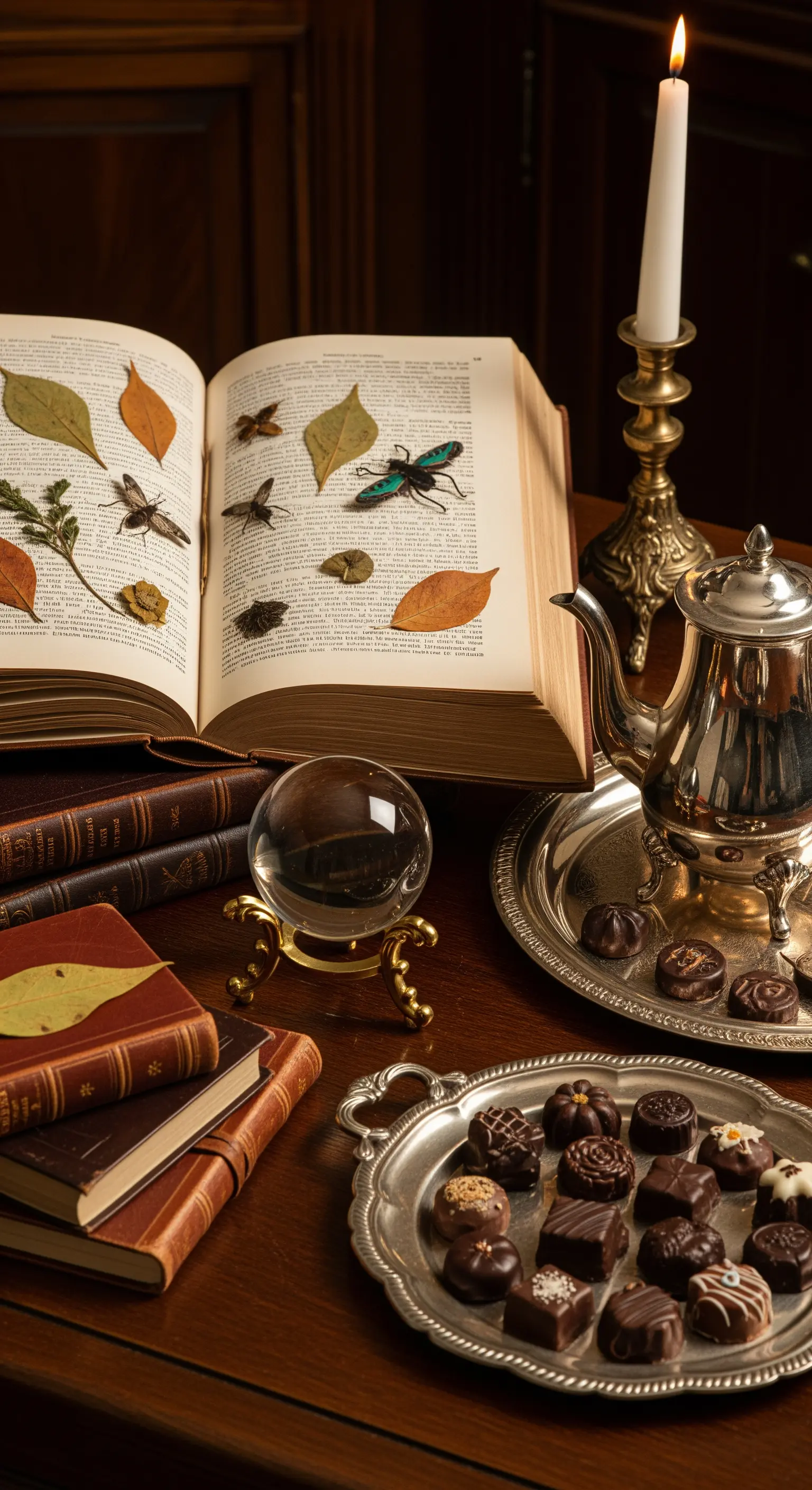 Teestunde, Botanikbuch, Kristallkugel, Silber-Teekanne, Schokolade, Kerze.