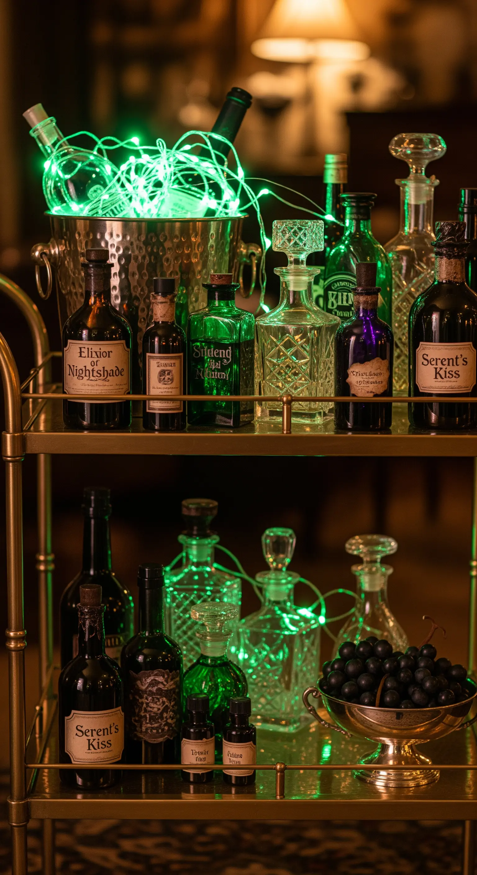 Halloween Barwagen mit grünen Lichterketten, Flaschen und düsteren Beeren