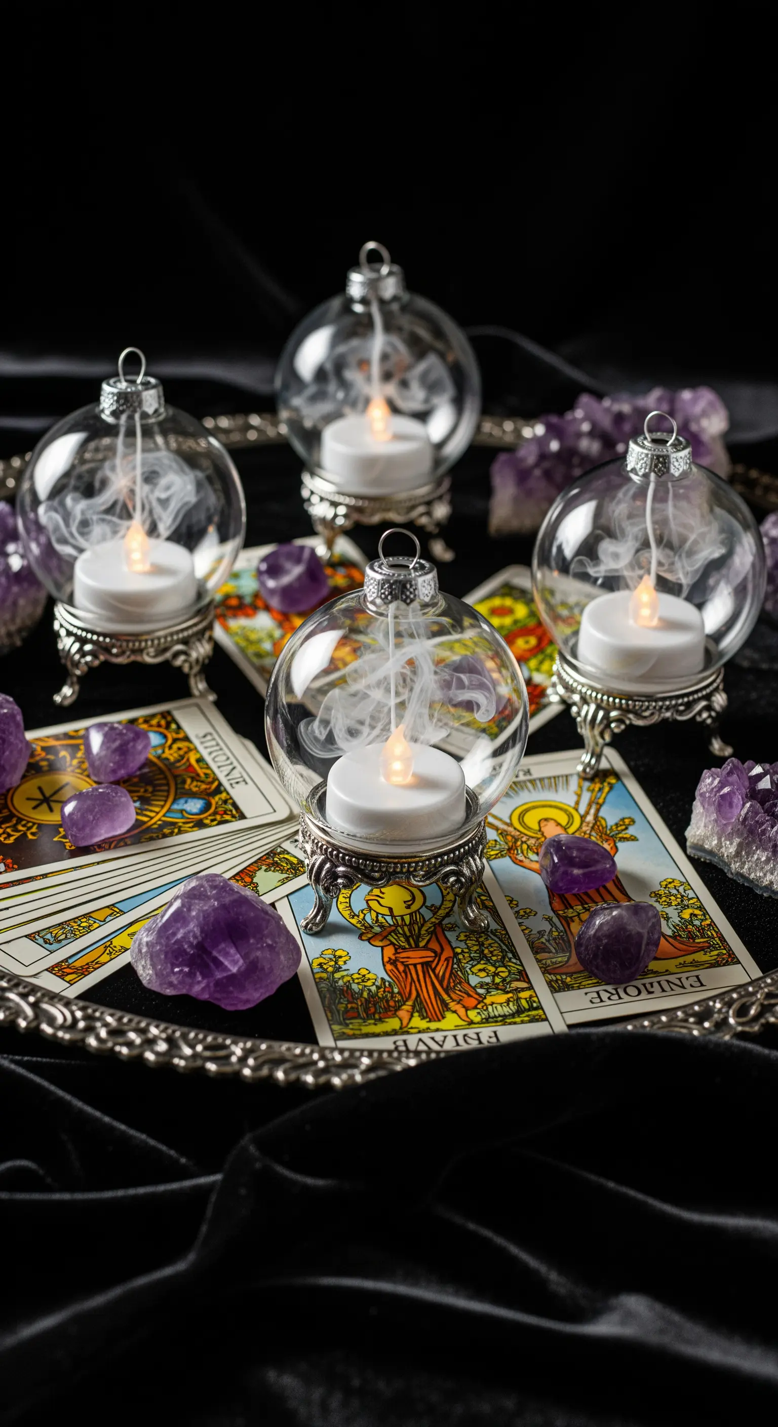 Mystisches Arrangement mit Tarotkarten, gläsernen Kerzenkugeln und Amethysten