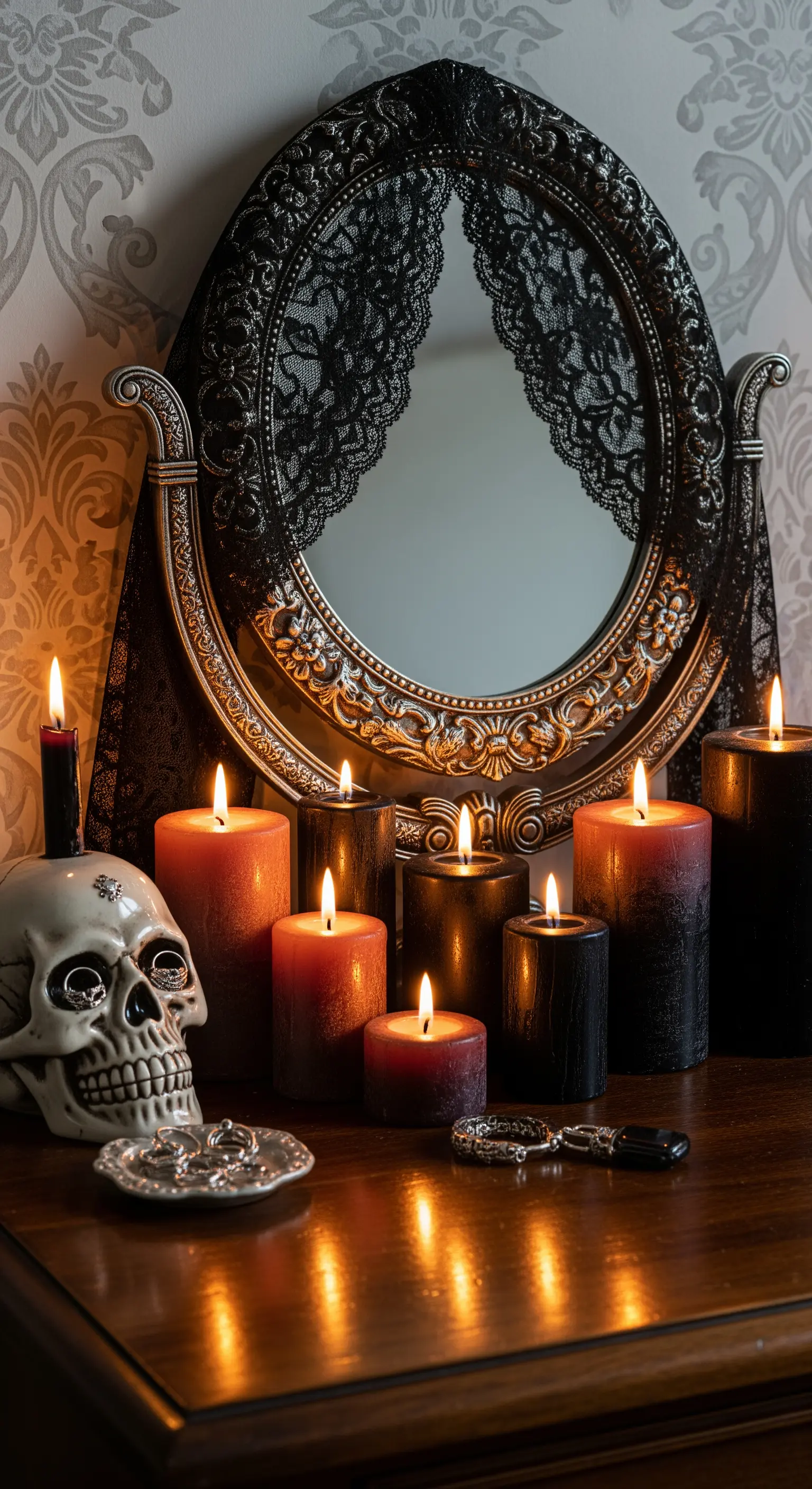 Halloween-Konsole mit Totenkopf, Kerzen und Spiegel mit Spitze.