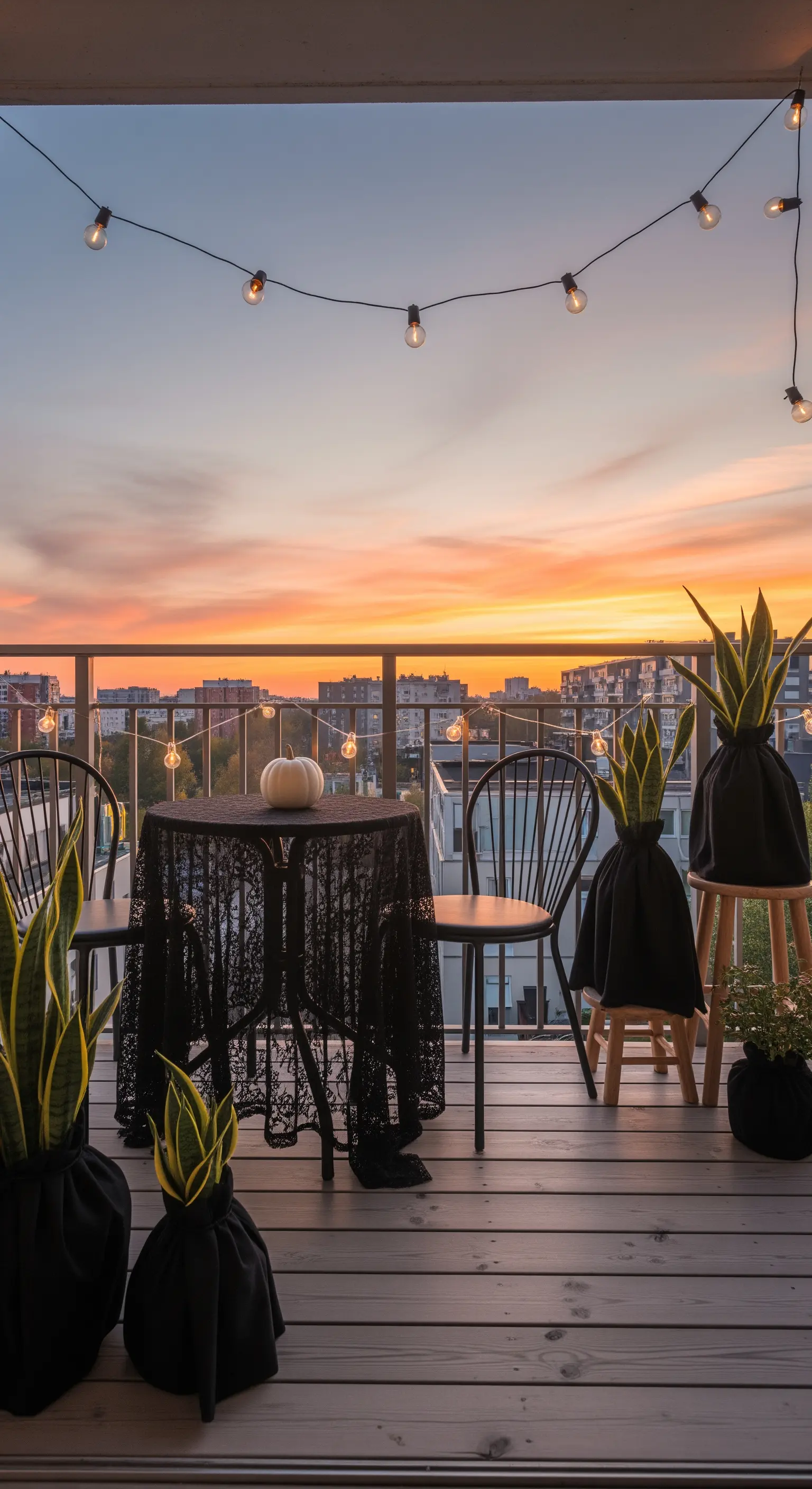 Balkon mit schwarzem Spitzentisch, weißem Kürbis, verhüllten Pflanzen und Lichterketten.
