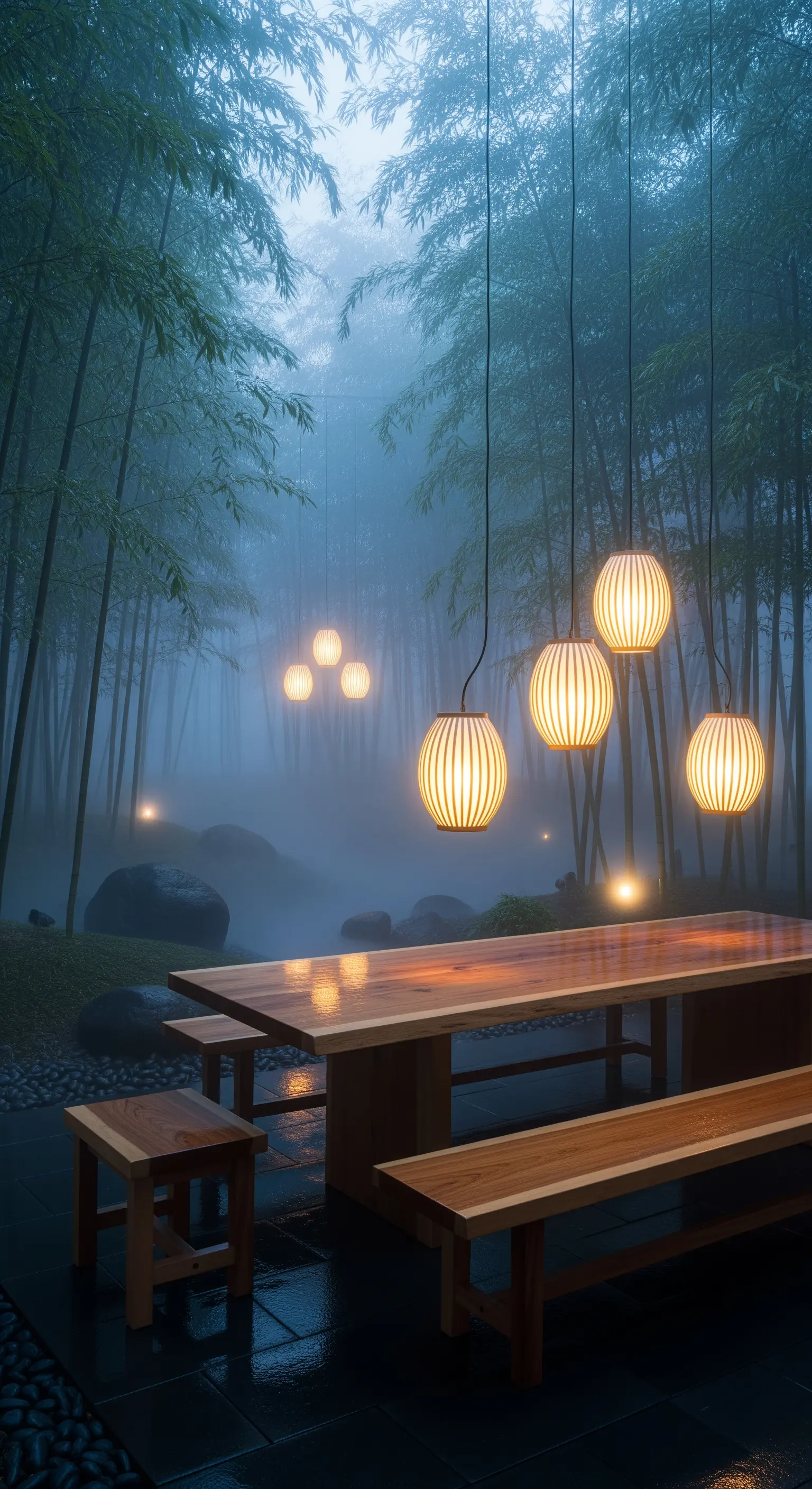 Esstisch im nebligen Bambuswald mit schwebenden Bambus-Hängelampen