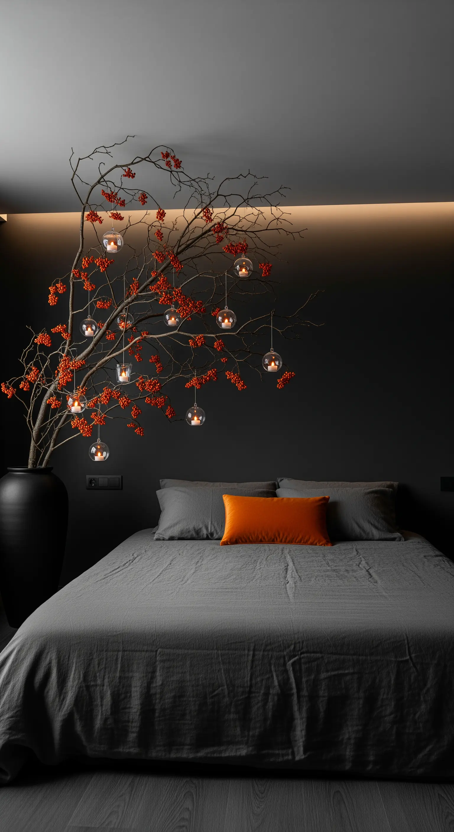 Ast mit roten Beeren und hängenden Lichtern in dunklem Schlafzimmer