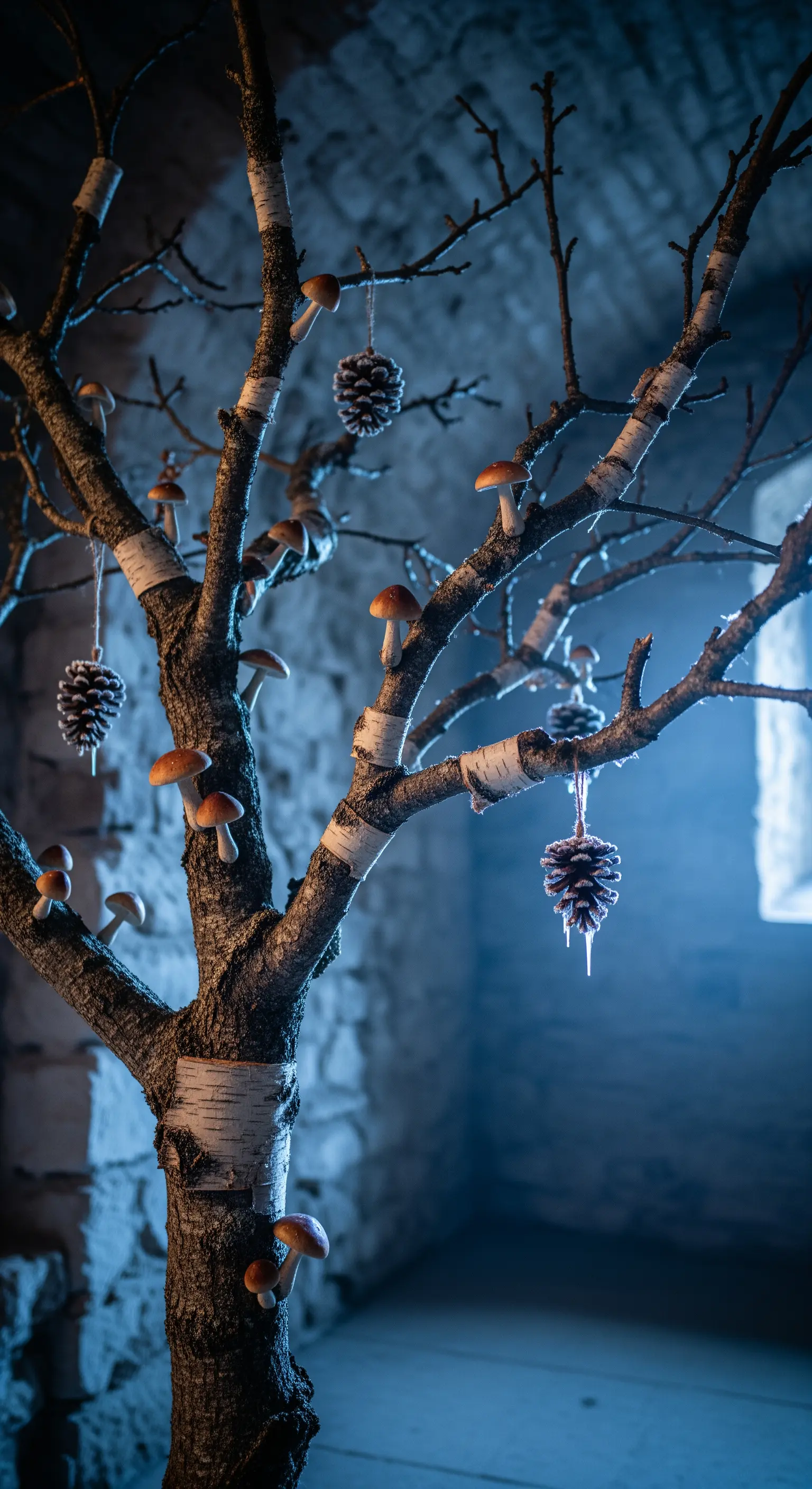 Birkenbaum mit Pilzen und Zapfen im blauen, frostigen Licht, mystische Wald-Deko.