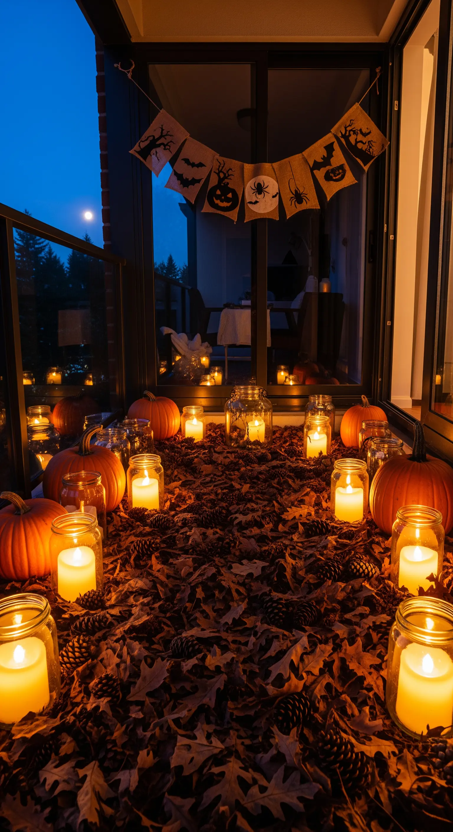 Balkonboden bedeckt mit Laub, vielen Kerzengläsern und leuchtenden Kürbissen