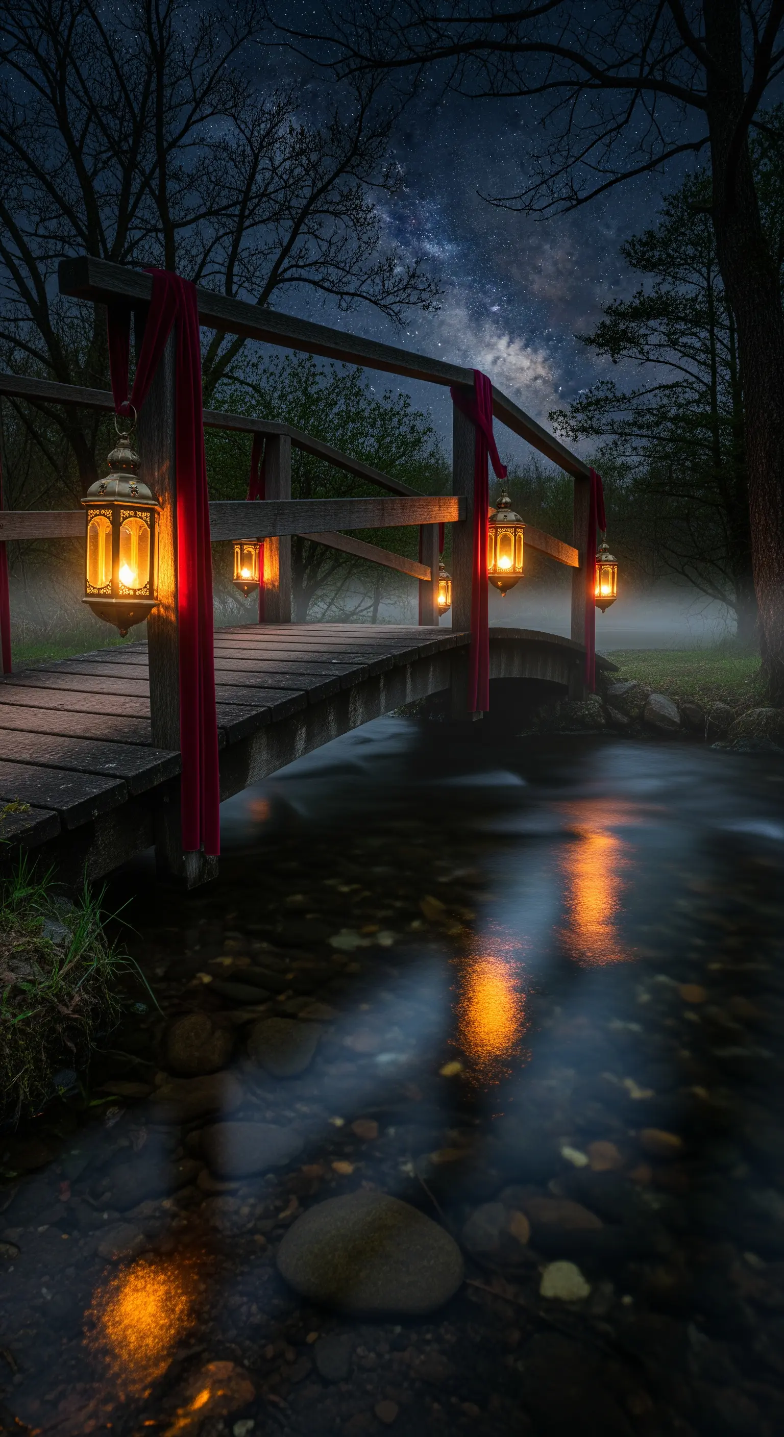 Holzbrücke mit hängenden Laternen und rotem Stoff über einem Bach im Nebel.