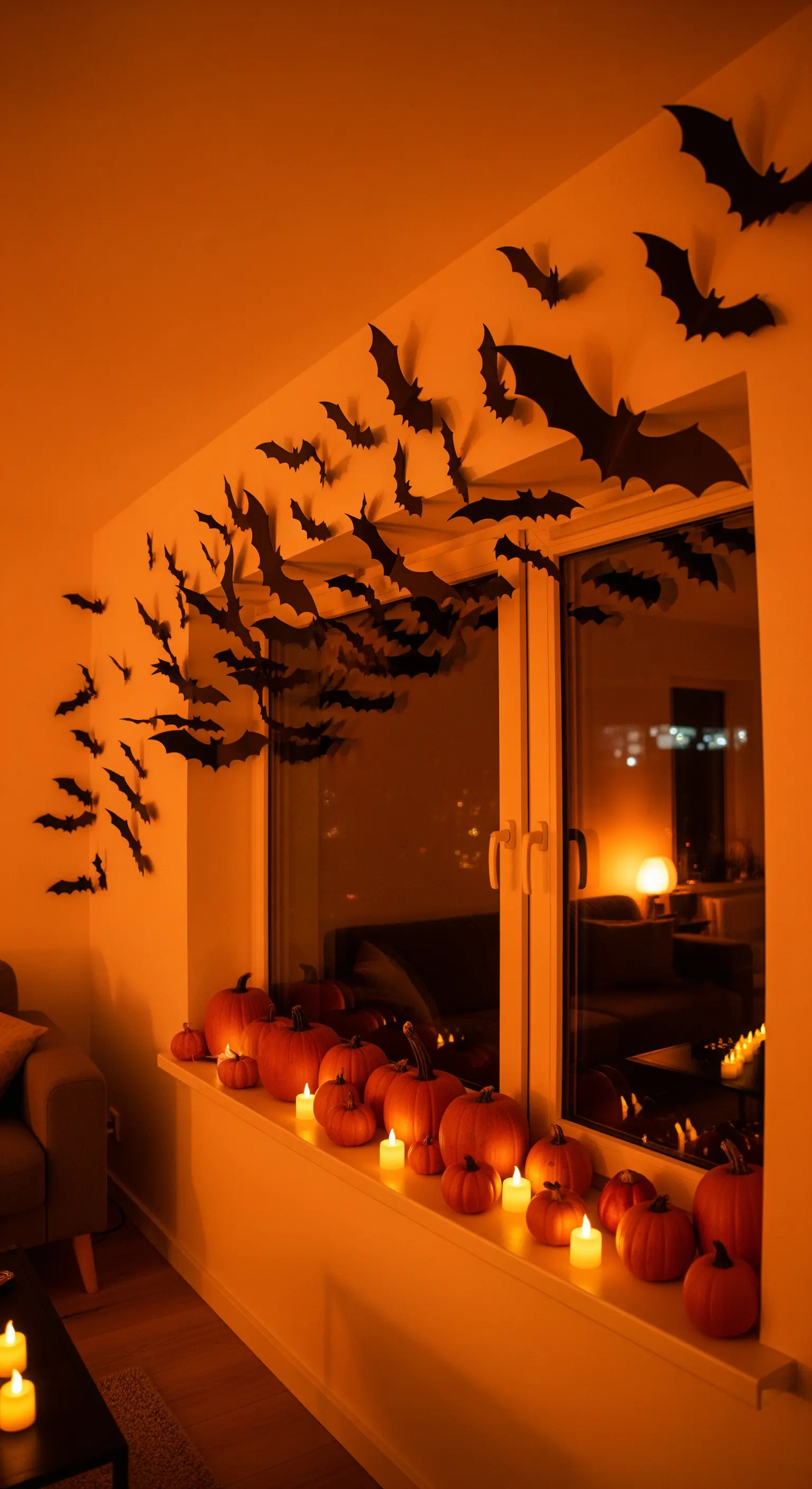 Halloween Fensterdeko mit orangen Kürbissen, Kerzen und fliegenden Fledermäusen aus Papier.