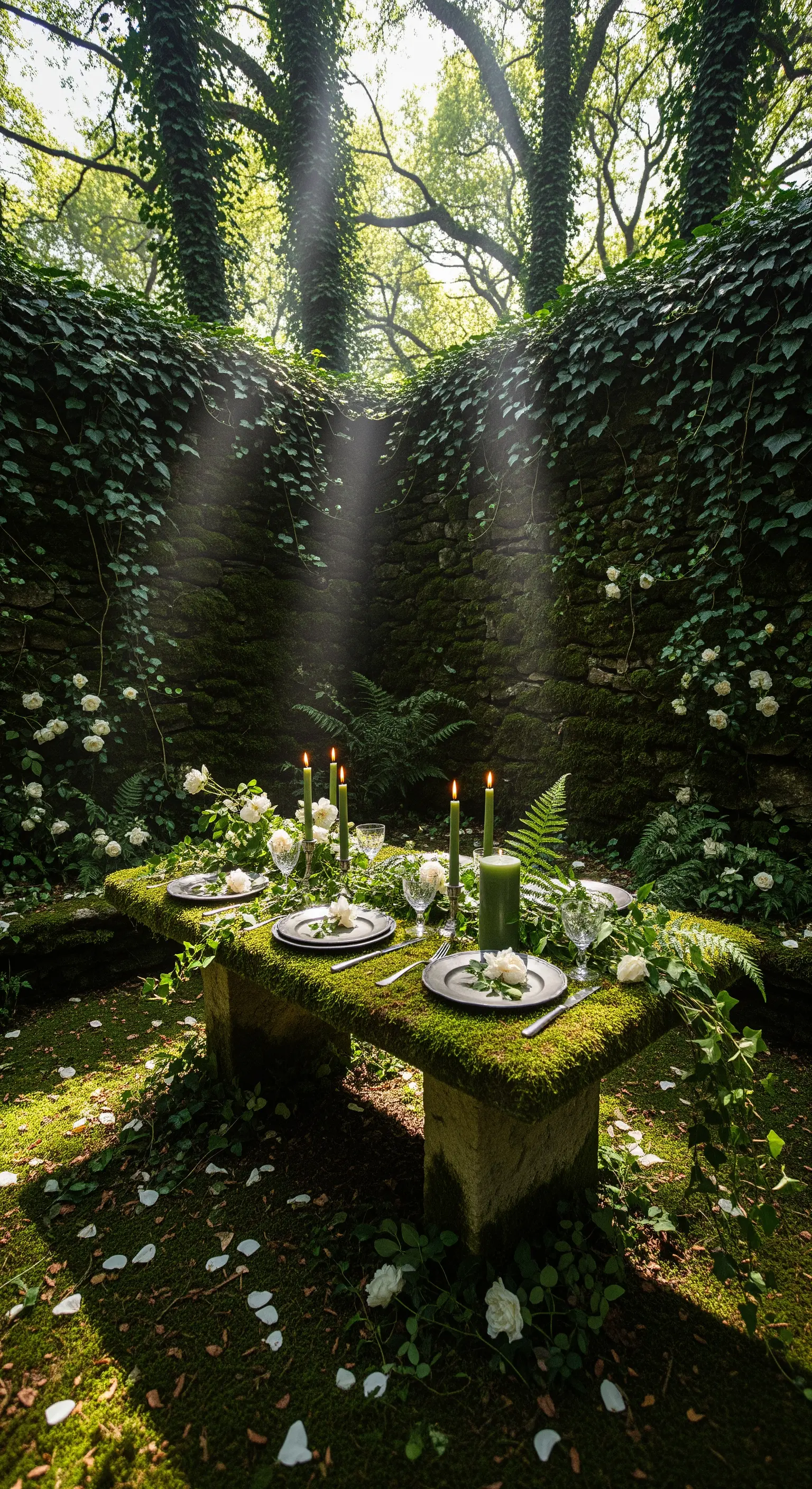 Steintisch mit Moos, weißen Rosen und grünen Kerzen in einer verwachsenen Gartenmauer.