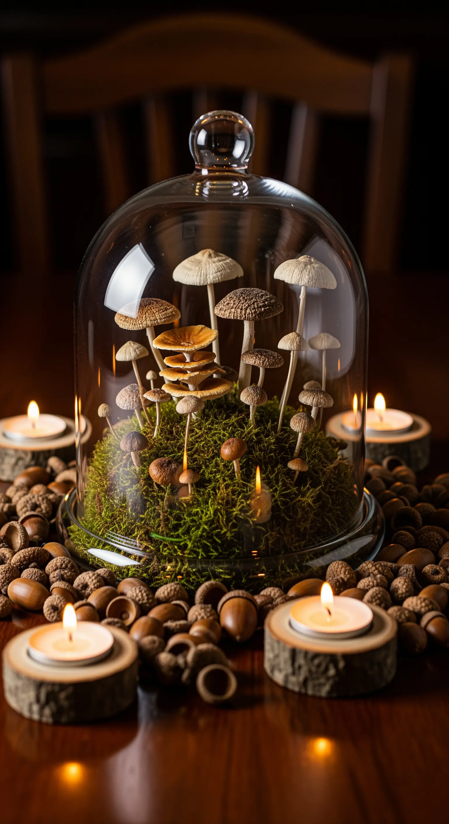 Pilz-Terrarium mit Moos, Eicheln und Teelichtern auf Holztisch für mystische Herbst-Deko.