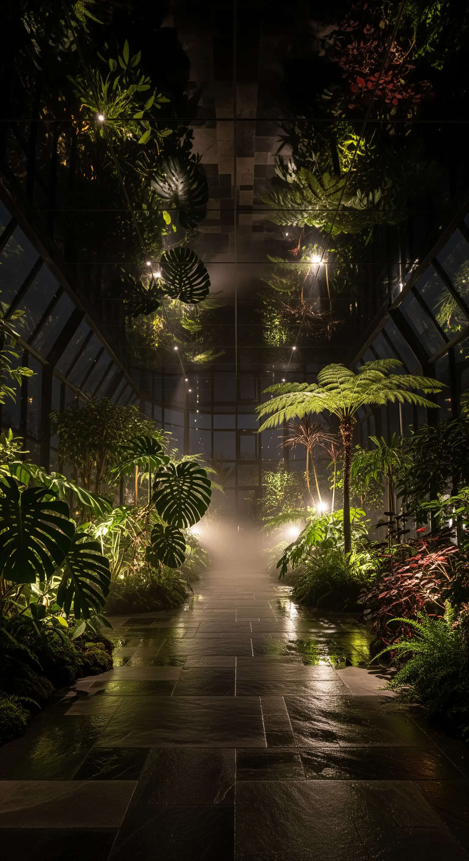 Indoor-Dschungel mit Spiegeldecke, üppigen Pflanzen und indirektem Licht