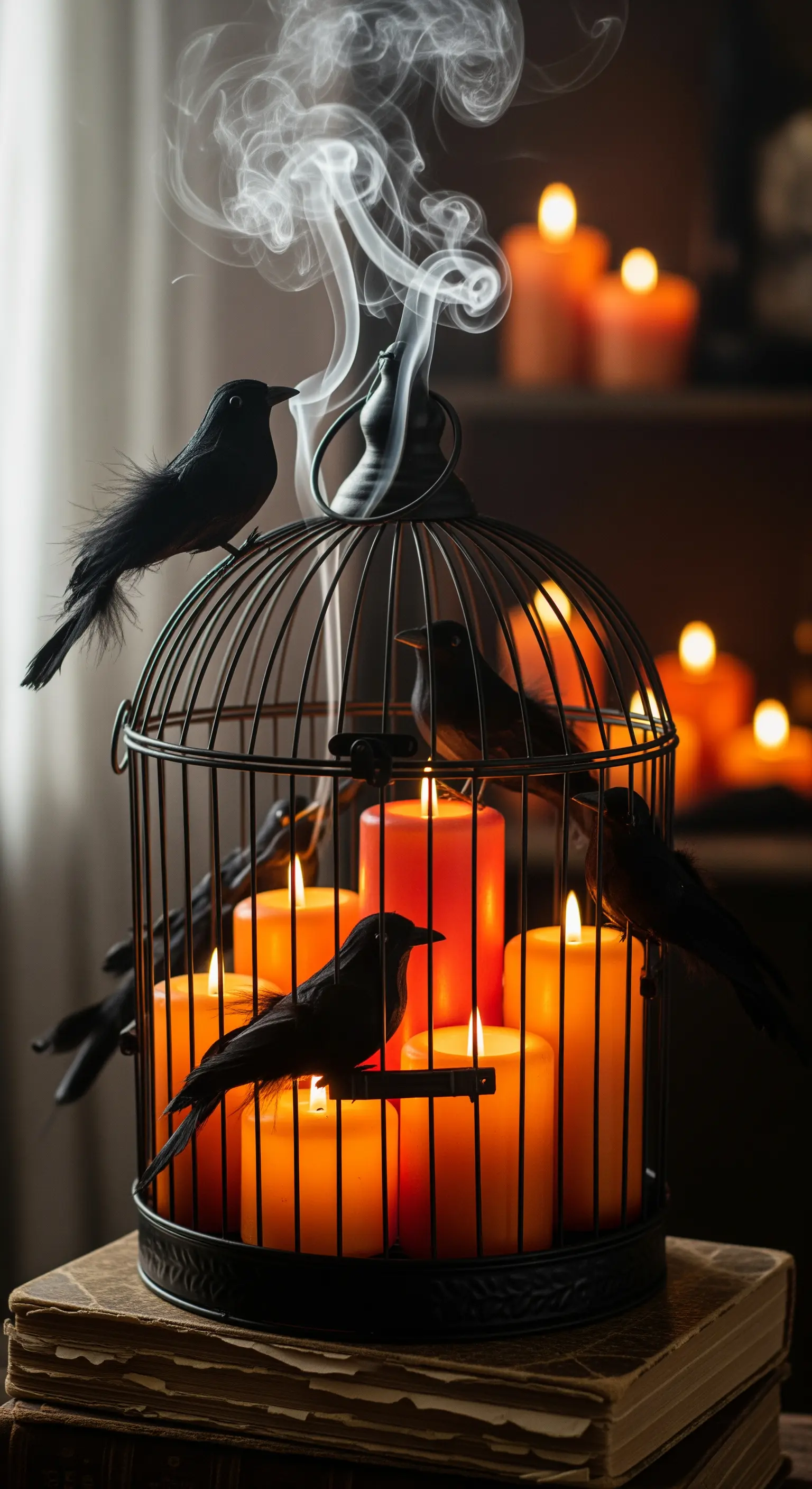 Vogelkäfig mit orangefarbenen Kerzen und schwarzen Raben Deko