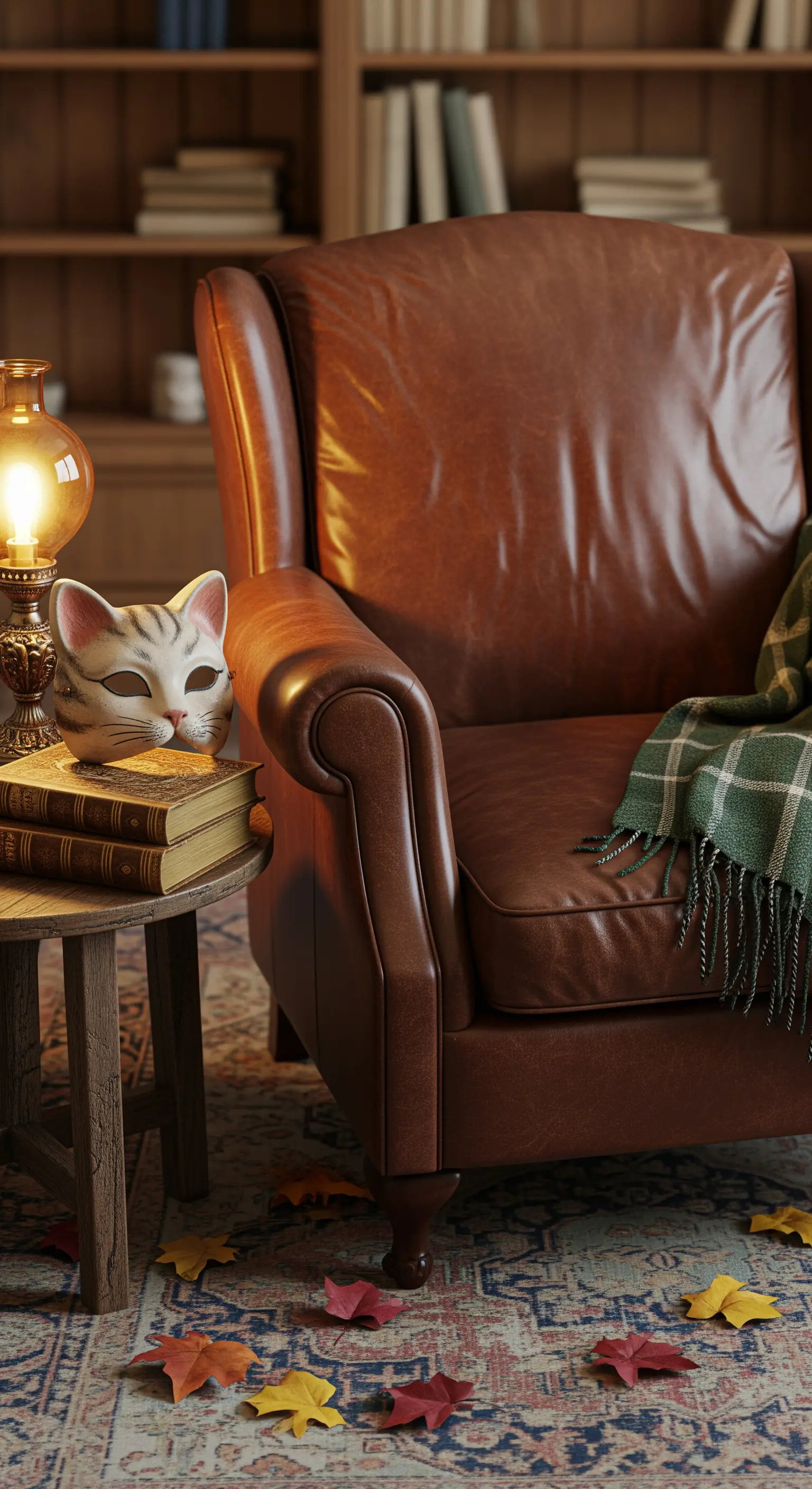 Cozy Leseecke mit Ledersessel, Katzemaske, Büchern, Herbstlaub und Plaids.