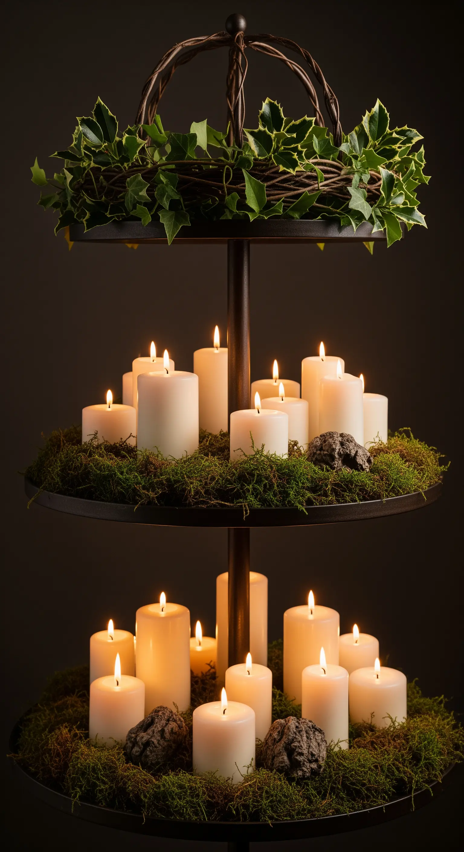 Dunkle Etagere mit Moos und vielen Stumpenkerzen für eine mystische Stimmung.