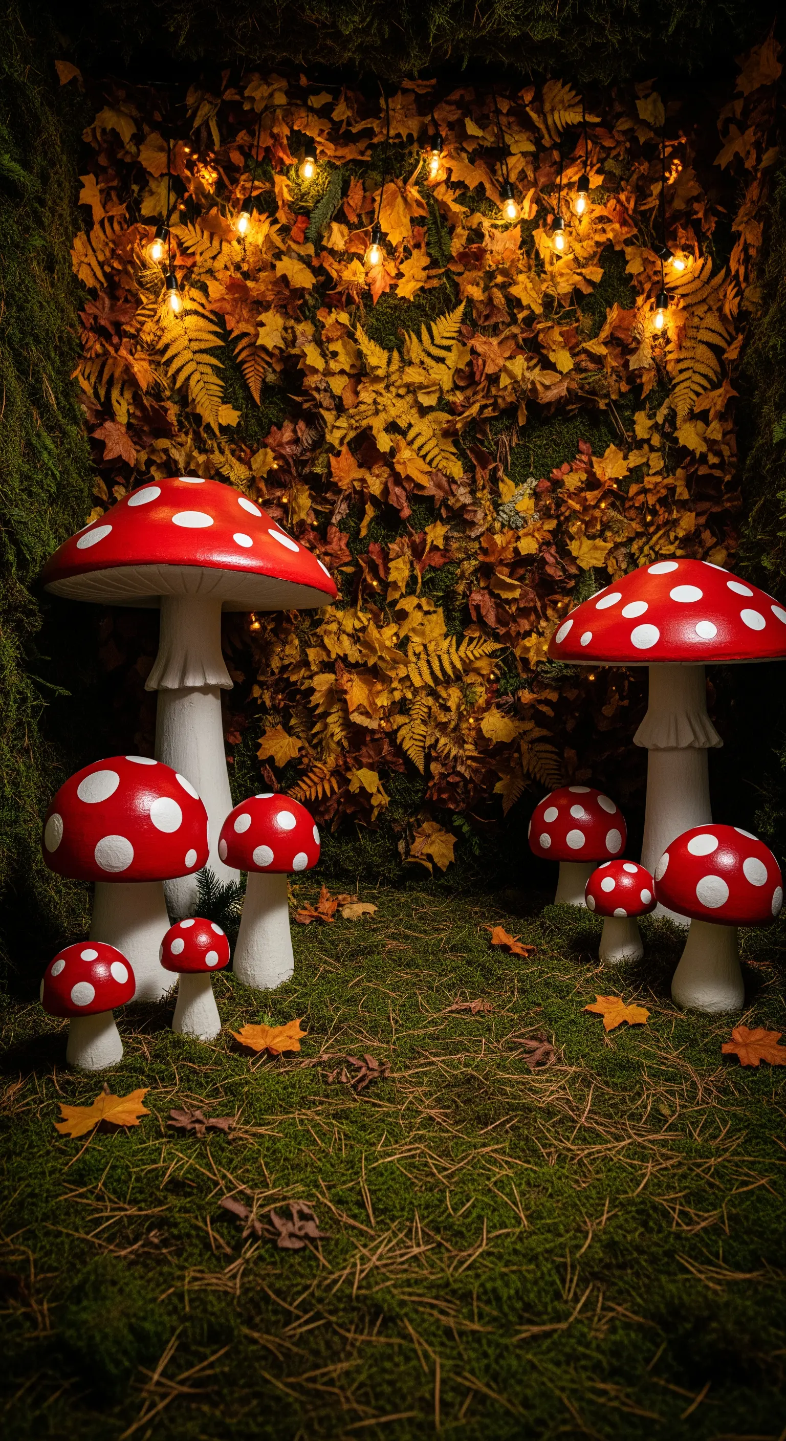 Märchenwald-Hintergrund mit Herbstblättern, Lichterketten und Pilzskulpturen