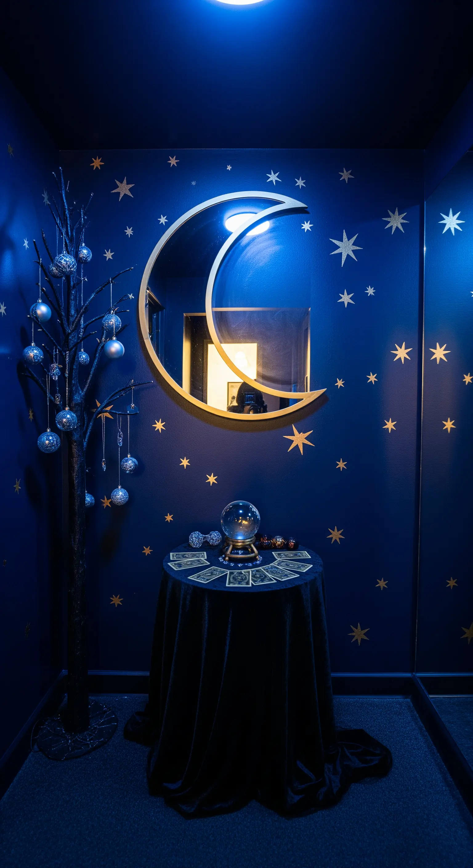 Sichelförmiger Spiegel mit Sternenwand, Wahrsagetisch und Kristallkugel
