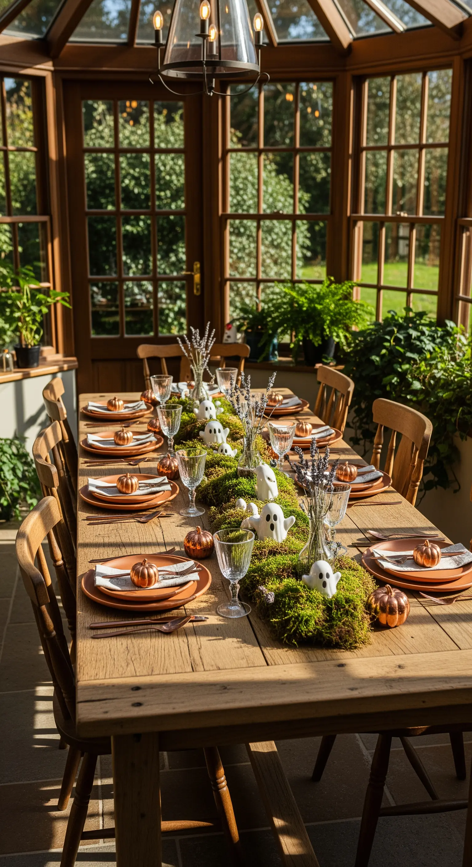 Halloween Tischdeko mit Moosläufer, Geistern und Terrakotta in einem hellen Raum