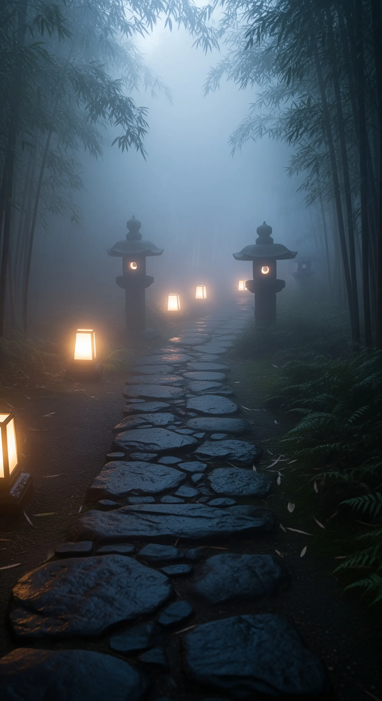 Ein nebliger Steinpfad im Wald, der von traditionellen japanischen Steinlaternen schwach erhellt wird.