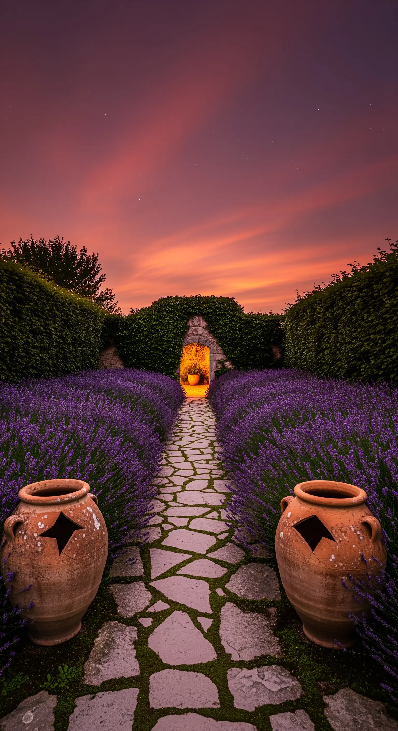 Lavendelallee mit Steinweg, antiken Terrakotta-Urnen und leuchtendem Torbogen bei Dämmerung