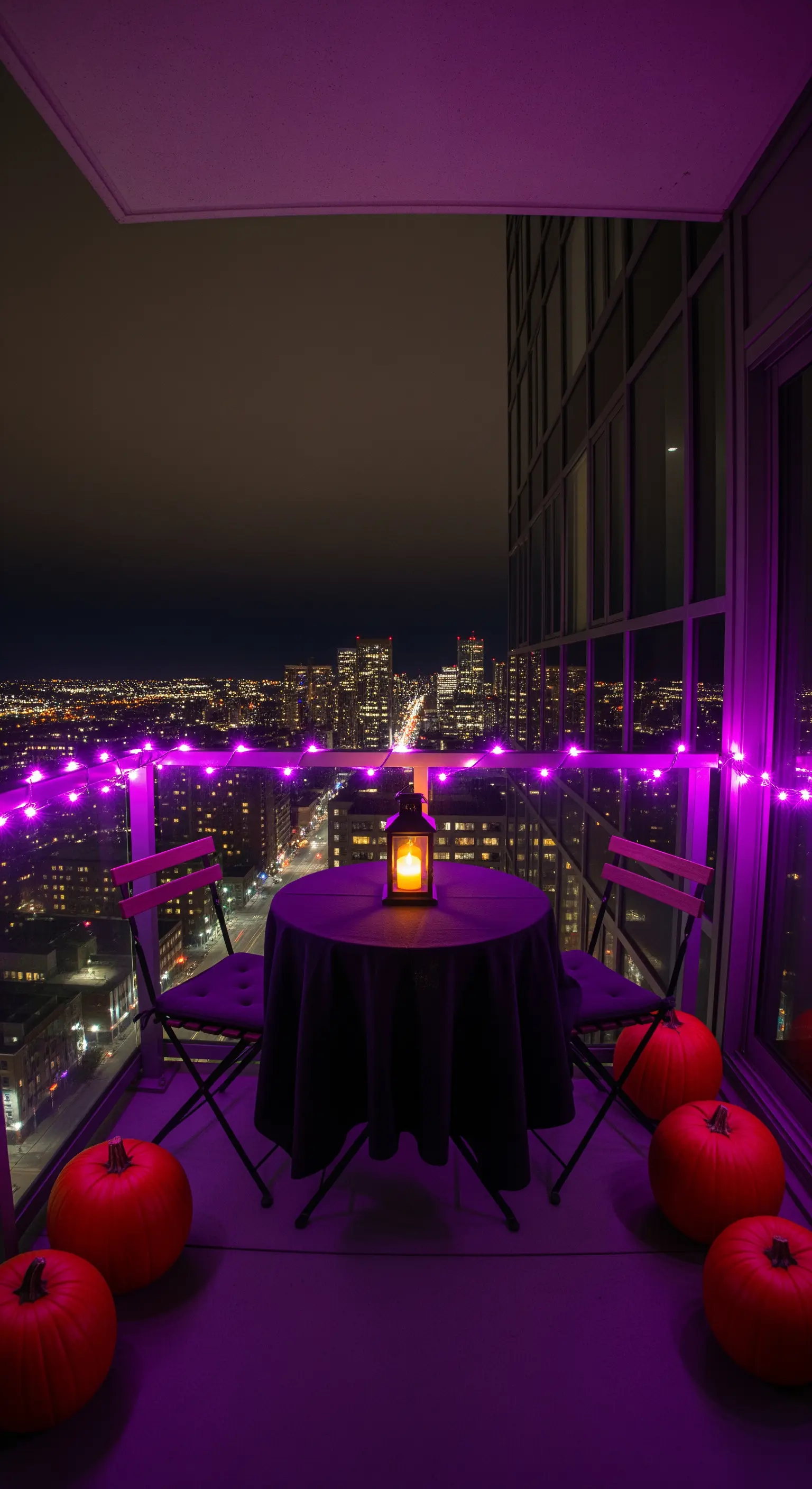 Stadtbalkon bei Nacht mit violetter Lichterkette, roten Kürbissen und Laterne auf dem Tisch.