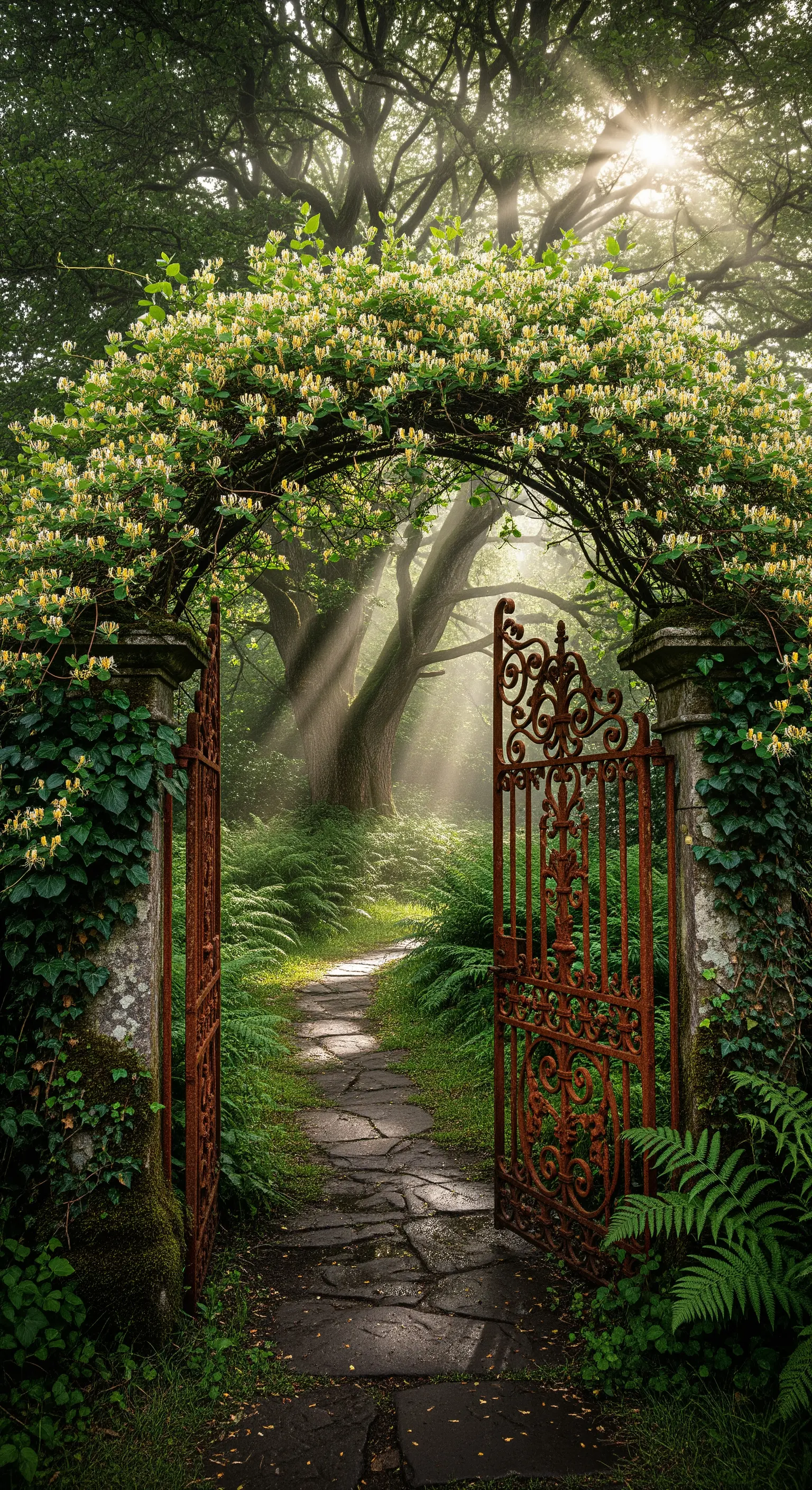Rostiges schmiedeeisernes Tor unter einem Geißblatt-Bogen, der zu einem mystischen Gartenpfad führt.