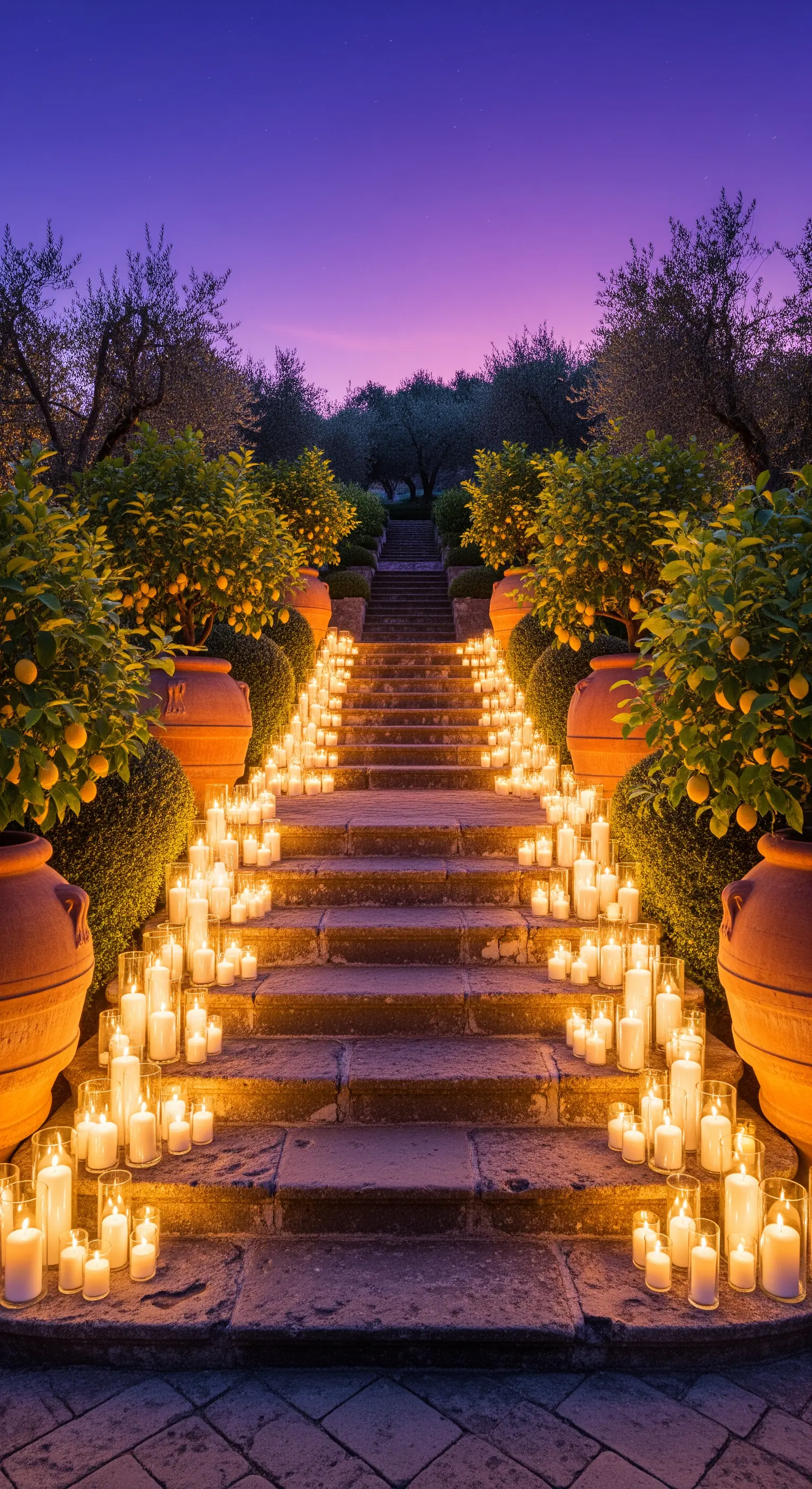 Treppenaufgang mit Kerzen in Glaszylindern und Zitronenbäumen in Terrakottatöpfen