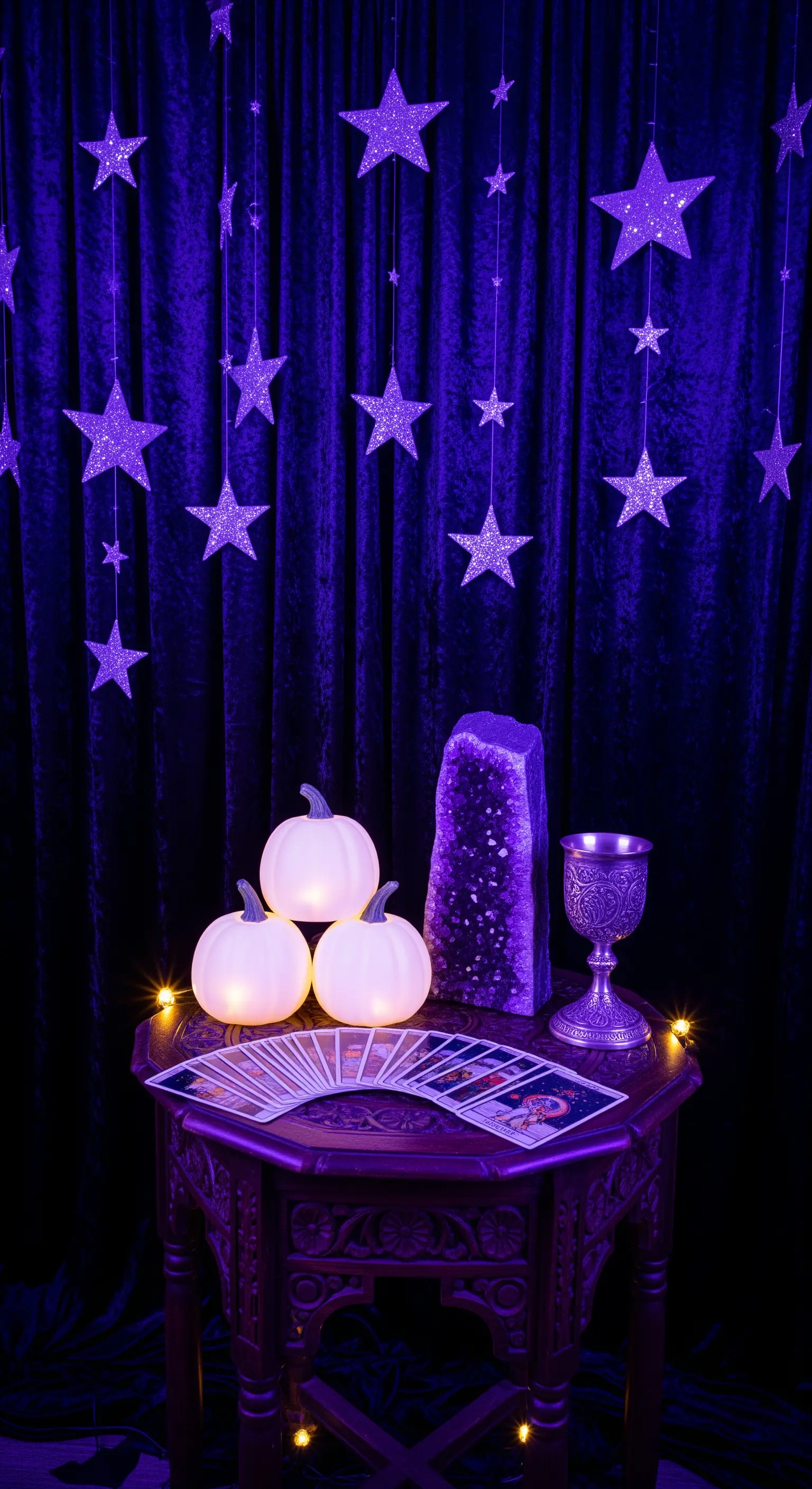 Wahrsager-Tisch mit leuchtenden Kürbissen, Amethyst, Tarotkarten und Sternen