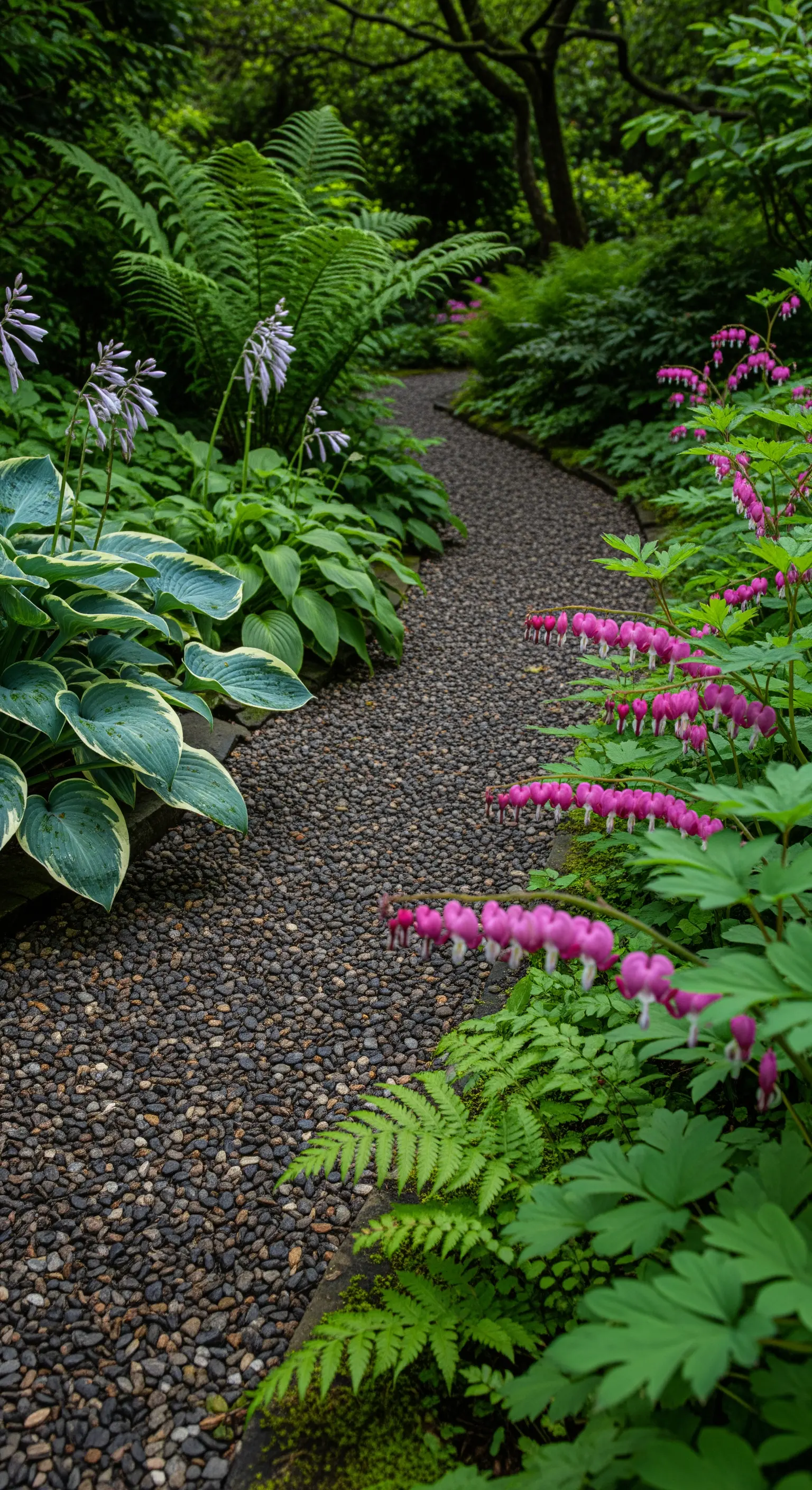 Dunkler Kiesweg umgeben von Farnen, Funkien und Tränendem Herz