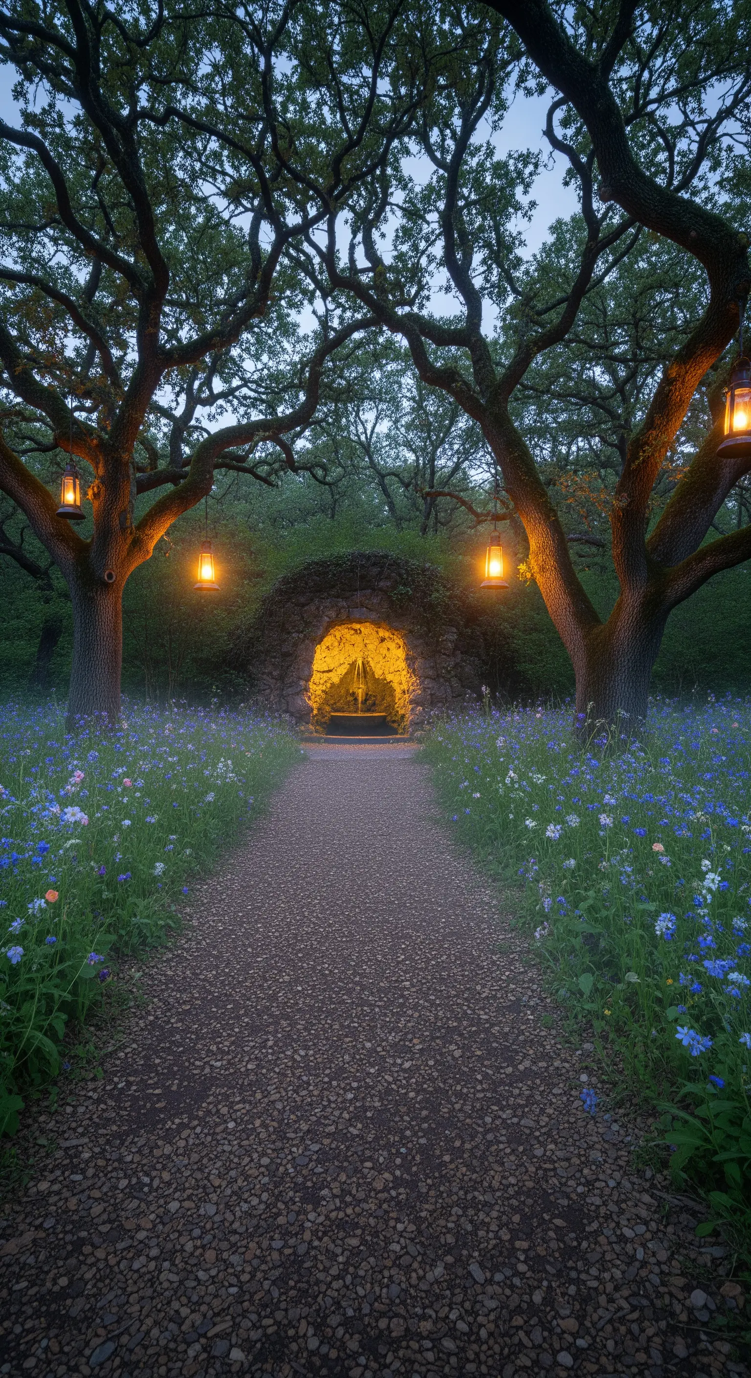 Waldweg, der zu einem beleuchteten Brunnen in einem Felsbogen führt, mit Hängeleuchten